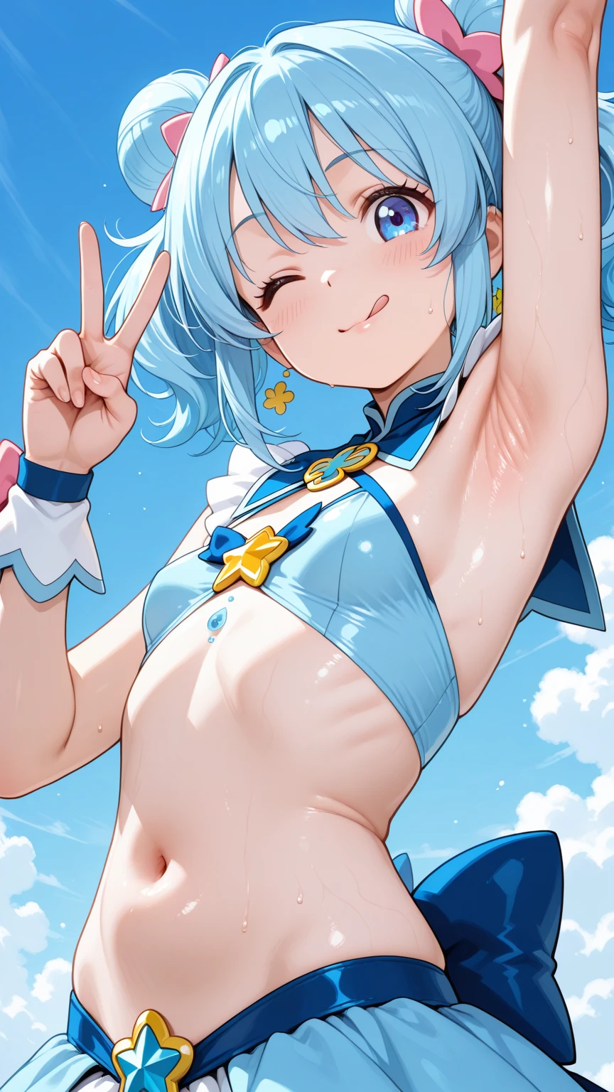 Cirno, little childish girl water playing, little children, (tiny chest:1.1),smile, exphosed chest and groin , no panties,Sunburn mark ,wet,dynamic water splash ,outdoor,blue sky,