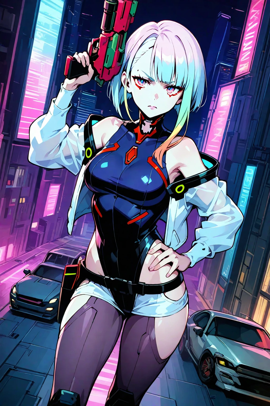 work of art, best qualityer, ultra detali, illustration, epic lighting, film composition, 1 girl, cute, red sclera,red pupils, cyborg, tatoo, hair green, colored fur, breasts small, Black jacke, legs apart hands with black gloves with yellow details, seducing gaze, seductively pose, trunk:1.1, gazing at viewer, pretentious smile, cloused mouth, plein-air, citys, cyber punk, neon lights, Street, (natta, tenebrosa, tenebrosaness, tenebrosa como breu, eyeshadows:1.4), (8K:1.1),  