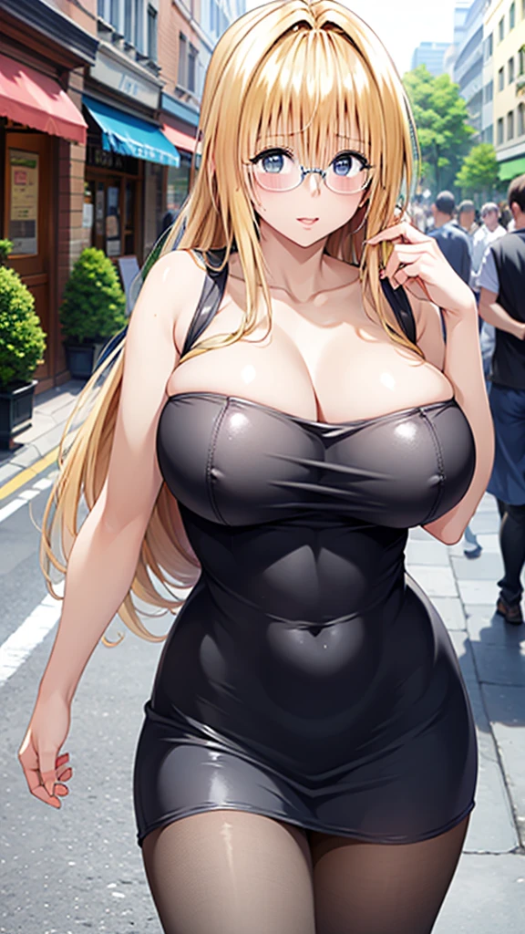 (masterpiece:1.2, best quality), actual, (real picture, intricate details, depth of field), Close-up of a woman wearing a black latex bodysuit, Blonde wavy long hair, Green eyes, spandex suit, V-chest clothes, clavicle, cleavage, large breasts, large , biggest breast, huge breast, fake breasts, Thin waist and thick hips, hourglass figure, Tik, wide pelvis, Pelvis larger than shoulder blades, fitness model, rosy cheeks, sweat, Standing on a crowded train, Full carriage, Many men surround her, The men looked at her intently, night