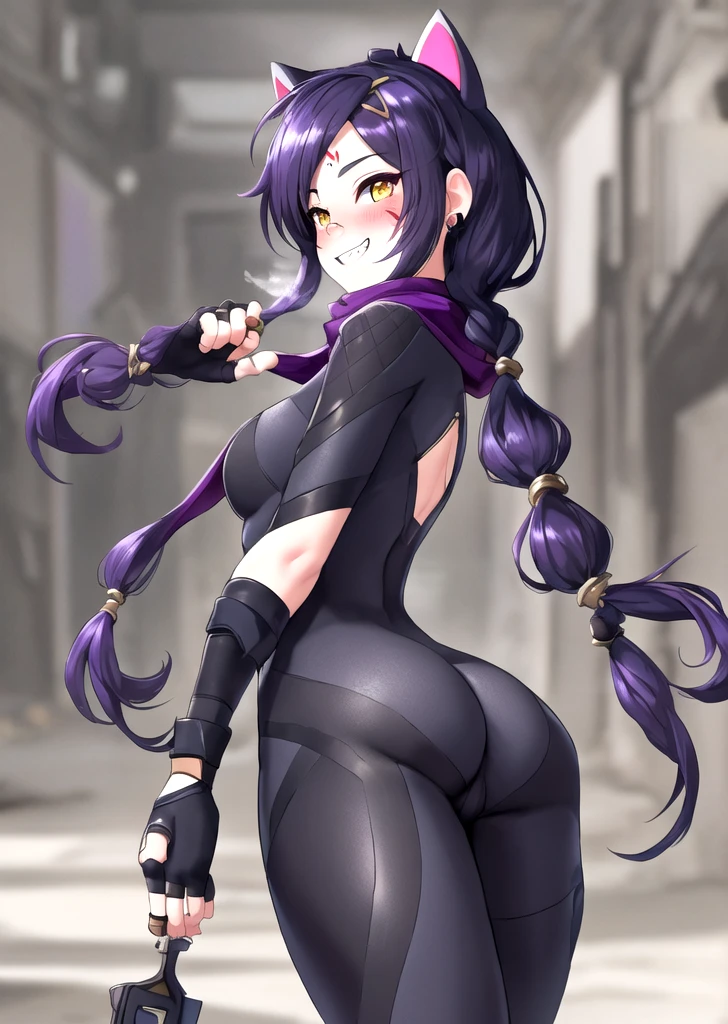 (score_9:0.9),score_8_up,score_7_up,anime style,rating_safe,(zPDXL),<lora: I P Masquerena ponyXL v1:0.88>,i:p masquerena,Purple bodysuit,elbow gloves,yellow headgear,mechanical tight tail,official alternate costume,1girl,solo,large breasts,looking at viewer,white background,holding,sitting,simple background,ass,from side,holding drink,drinking,