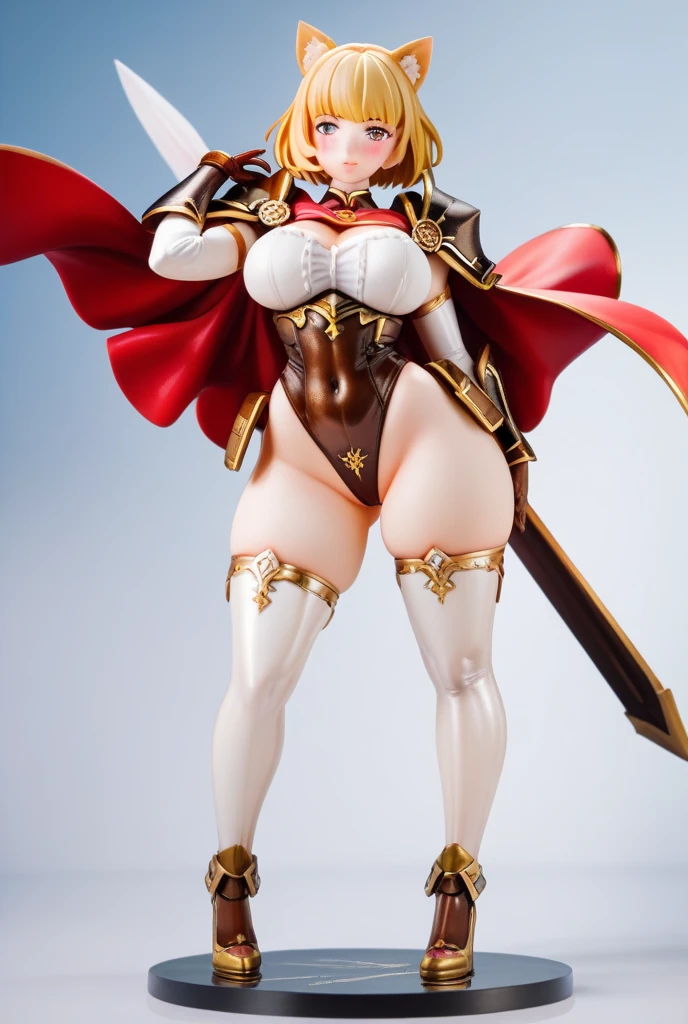 Two long thighs, yellow eyes, blonde hair, short hair, large breasts, detached sleeves, very white background, royal tiara, long cape, yellow tiger bikini, high heels, hands on hips. red tattoo on belly navel, full body female MILF BIMBO, lustful smirking smile face (red blush), metal shoulders, golden bracers sleeveless, black choker sex slave, blindolded, leather corset abs navel, parted lips, blindfolded