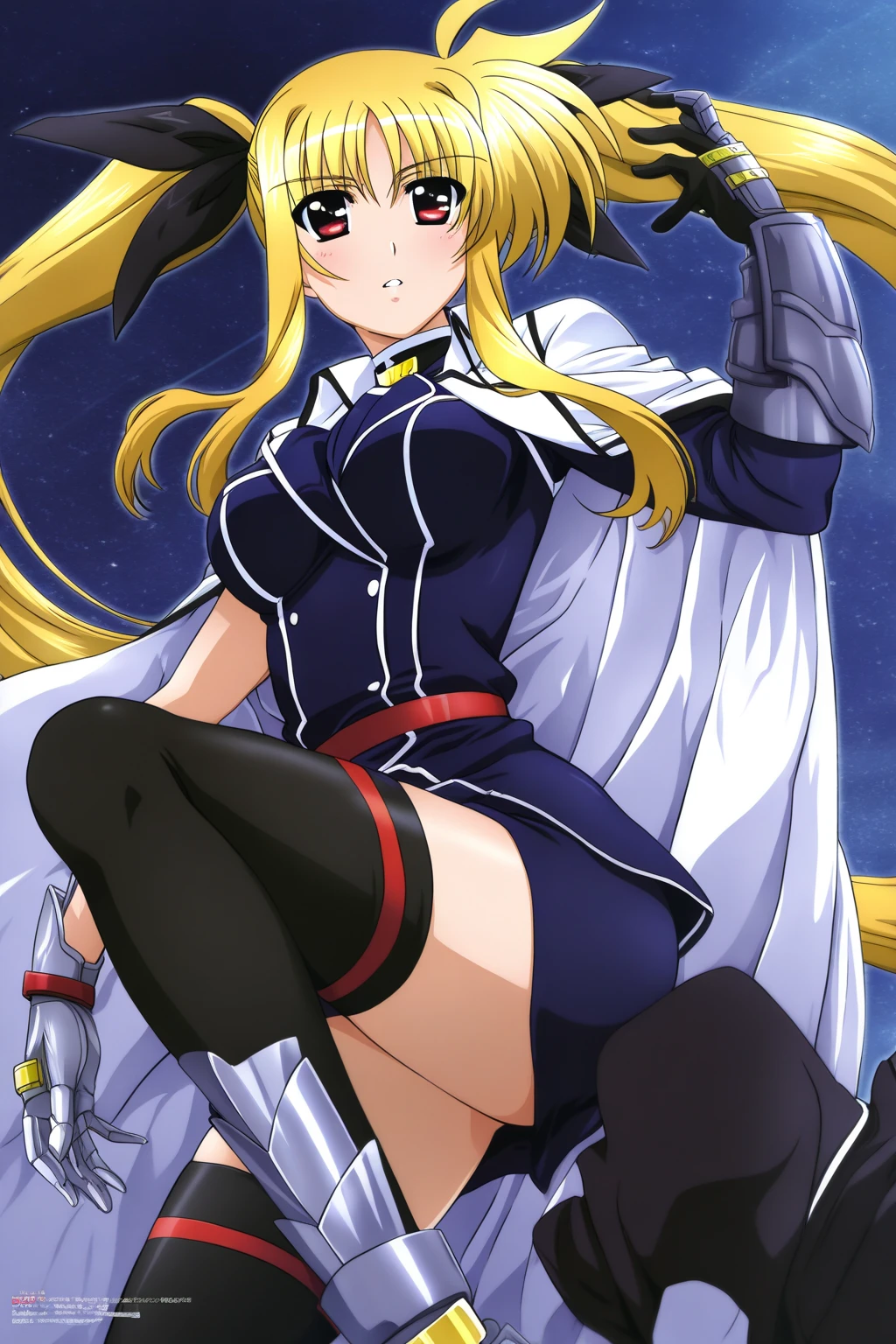 Fate T. Harlaown,Fate T. Harlaown(Magical Girl Lyrical Nanoha),Magical Girl Lyrical Nanoha,Blonde,Long Hair,Straight hair,Red eyes,Big Breasts,Large Breasts,thigh, No sleeve),True Face, Leg spread