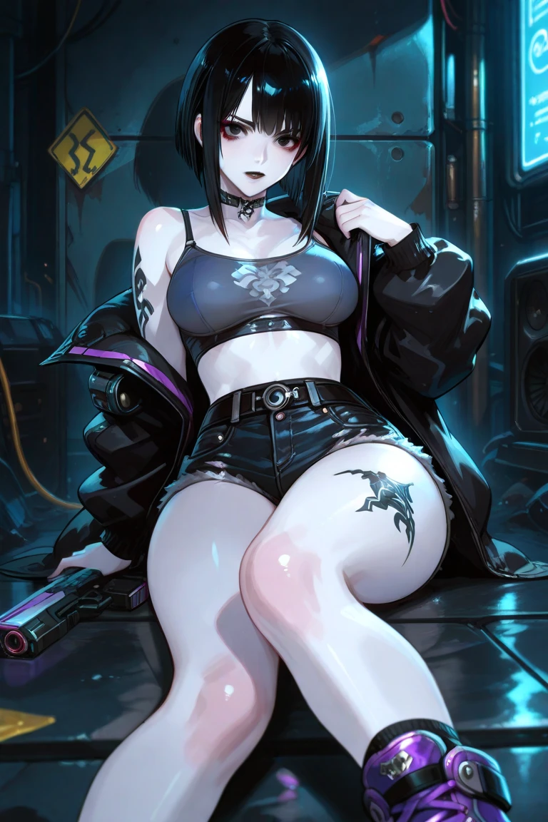 Ghost in the Shell Suko Kusanagi、fullnude、large chest directed upwards、Colossal tits、Embarrassing and embarrassed、In a cyberpunk cityscape、Ahegao、A large amount of love juice flows out、Squirting、Nipple ring、expose yourself naked on the street、Wearing a jacket、squatting on the street、