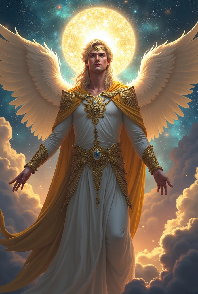 Nesta cena celestial, podemos ver um anjo homem, Powerful-looking descending gently from the sky, shrouded in a bright, ethereal cloud. The setting is magical and full of mystery. The angel is portrayed with an imposing presence, conveying a sense of divine strength and authority.

The angel man is endowed with a divine beauty, com um rosto resplandecente como o sol, irradiando luz e calor. His eyes shine with compassion and wisdom, refletindo uma alma benevolente e cuidadosa. The majestic wings extend like a protective and welcoming embrace.

Wearing a gleaming white tunic, o anjo tem um cinto dourado em volta da cintura, symbolizing your heavenly and divine position. upon his head, a rainbow forms, symbolizing the promise of peace and hope. This celestial arc is the expression of the covenant between Heaven and Earth, representing the bond between the divine and the human.

O anjo empunha um pequeno livro aberto, que representa sabedoria, conhecimento e verdade. Ele segura o livro com delicadeza e firmeza, showing that he holds sacred knowledge and shares it with humanity.

Com passos firmes e confiantes, The angel steps with his right foot on the sea and his left foot on the earth. This attitude symbolizes your role as a heavenly messenger who is present in all spheres of existence, transcending the boundaries between the worlds and connecting Heaven and Earth.

Behind the angel, the skies glow with twinkling stars, And the elements of nature - sea and land - are portrayed in magnificent detail. The sea is represented with calm waves and the sky with soft shades of pink and lilac, enquanto a terra exibe campos verdes e montanhas majestosas. --auto