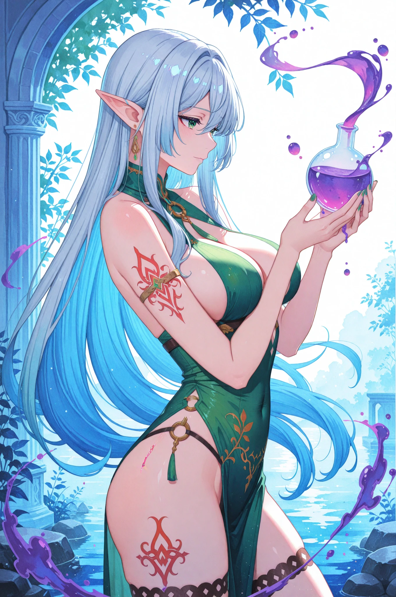 mesopotamian goddess, serious and sexy face, has a face of supernatural beauty, long twintails hair, green hair, decorated with smile emojis, as well as emerald eyes. (perfect anatomy) , (perfect eyes) Her figure is extremely voluptuous, gigantic breasts, heavy breasts, fitness hip, fabric covering breasts, cracked abdominal muscle, aqua thick silk dress, large abdomen muscle,green hair, woman,1female,((milf,mom,mature,mature woman,4 female,adult)), (large breasts:1.5),saggy breasts,colored inner hair,((emerald_eyes:1.3))),intricate eyes,beautiful detailed eyes,symmetrical eyes,((((lustrous skin:1.5,bright skin: 1.5,skin tanned,shiny skin,very shiny skin,shiny body,illuminated skin)))),(spider lower abdomen,narrow waist,wide hip,bimbo body,inflated legs),(((detailed face))), (cute,slutty,sensual,seductive look,seductive,((erotic)),opulent,sumptuous,longingly,((nsfw)), queen,goddess,fantasy,revealing clothing,show skin,(beautiful aqua clothes),(mischievous aqua dress, very loose dress):1.9, mesopotamian style, bare belly, bare shoulders, golden bracelets,detailed outfit,cleavage,aqua silk,((Transparent cloth:1.5)), (((intricate outfit,intricate clothes))),(((aqua paint on hands:1.5), (aqua paint on body:1.5), (aqua paint on skin:1.5),(paint splatter:1.3))), (dynamic pose:1.0),arrogant face, arrogant smile, ,(centered,scale to fit dimensions,Rule of thirds), ((snowy pine forest at night)), with dark stormy clouds,winter,scenery:1.25,((snow forest background)),Christmas tree, highres,sharp focus,(ultra detailed,extremely detailed),(photorealistic artwork:1.37),(extremely detailed CG unity 8k wallpaper),(((vibrant colors,vibrant theme))),(intricate),(masterpiece),(best quality),full body,etalid dace,detailed hands,elf woman,full body,detailed eyes