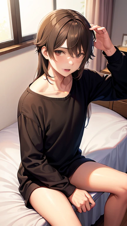 (masterpiece), (best quality), (beautiful eyes and face), (perfect female body), (shiny skin),
looking at viewer, cowboy shot,
1girl, solo, yor briar, black hair, long hair, red eyes,
small breasts,
white hairband, gold earrings, jewelry, (oversized hoodie), (cleavege)
lips seperated , mouth open
, facing viewer, large waist, thick thighs, thigh gap, (36year old woman), facing viewer, no pants, naked legs, hoodie covering pussy, hoodie covering waist, thick heavy hoodie, large hoodie strings, sitting on bed, lTiny on back milf