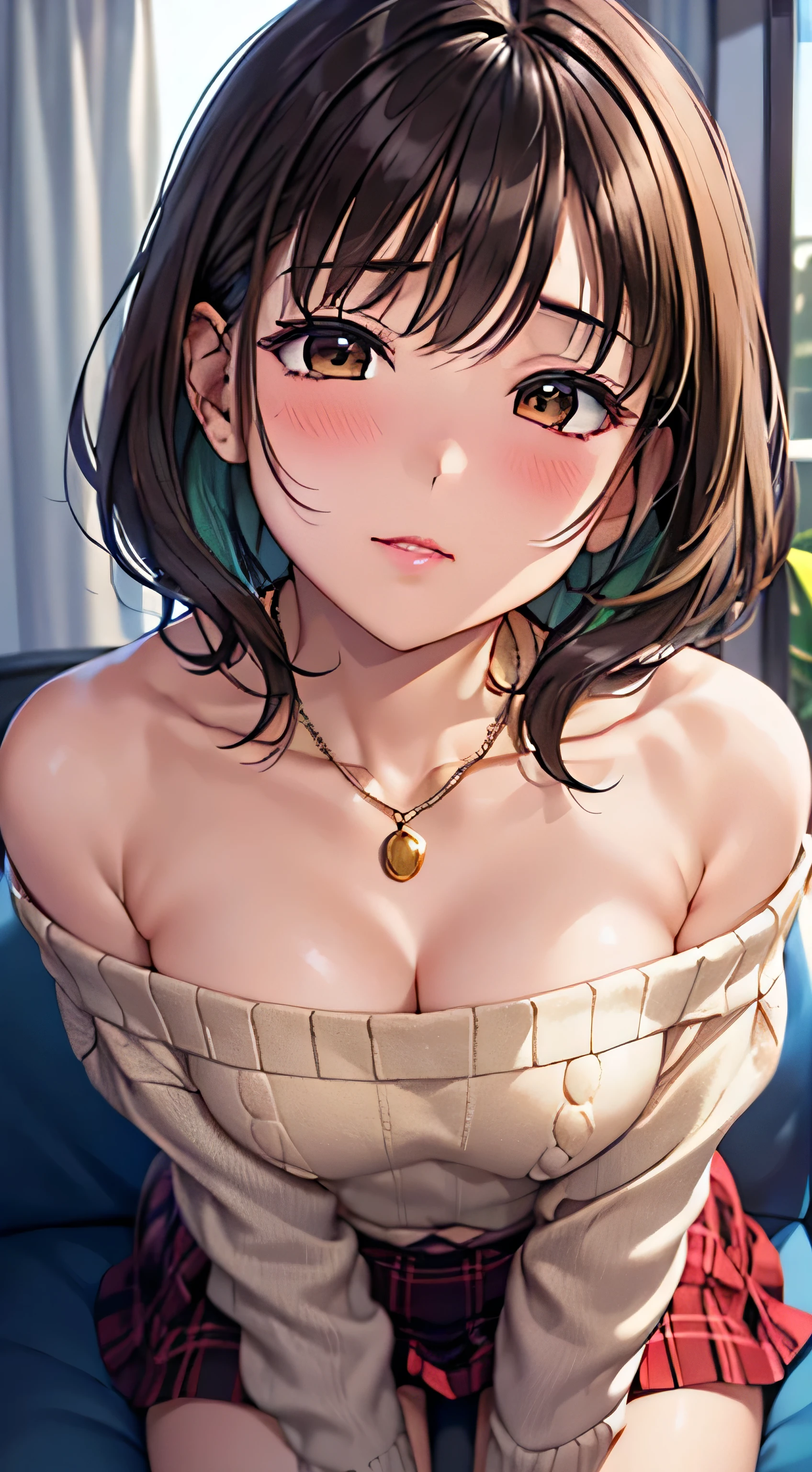 ((Tabletop, Highest quality, High resolution, , Pixel Perfect, 4K, ))), Beautiful woman,, alone, beauty、The whole body is visible、 (((Sexy Witch Cosplay), Long dark blonde wavy hair、Off-the-shoulder jacket, Dark blue flared skirt、Black knee-high stockings、Gold Hair Ornament、Gorgeous necklace、Earrings、, bangs, Brown Hair)), ((Brown eyes, Beautiful eyelashes, Realistic eyes)), ((Detailed face, Blushing:1.2)), ((Smooth texture:0.75, Realistic texture:0.65, Realistic:1.1, Anime CG Style)), Center of chest, Dynamic Angle, Perfect body, ((,)), Showing cleavage、On all fours、Very embarrassing panic smile, 、Big Castle Library、Sitting on the floor、Big magic book on the desk、look up、Cute shy smile、(Stick your butt out、、Nipples are slightly visible、Pink lace panties are slightly visible、)、Angle from below