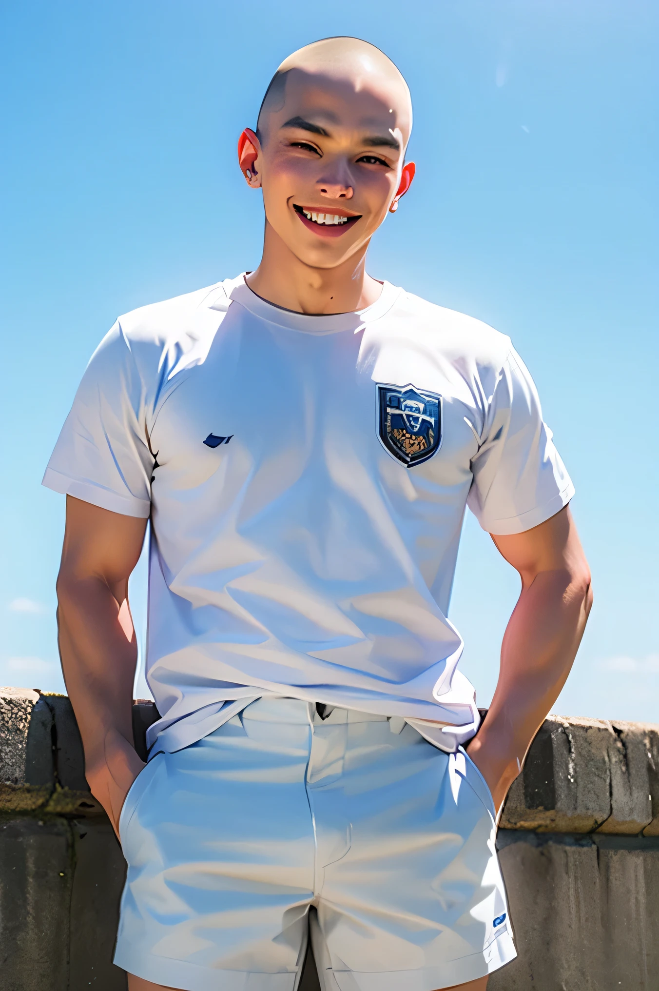 handsome skinhead Japanese white t-shirt white shorts Blue Sky Sense of liberation Smile Yan