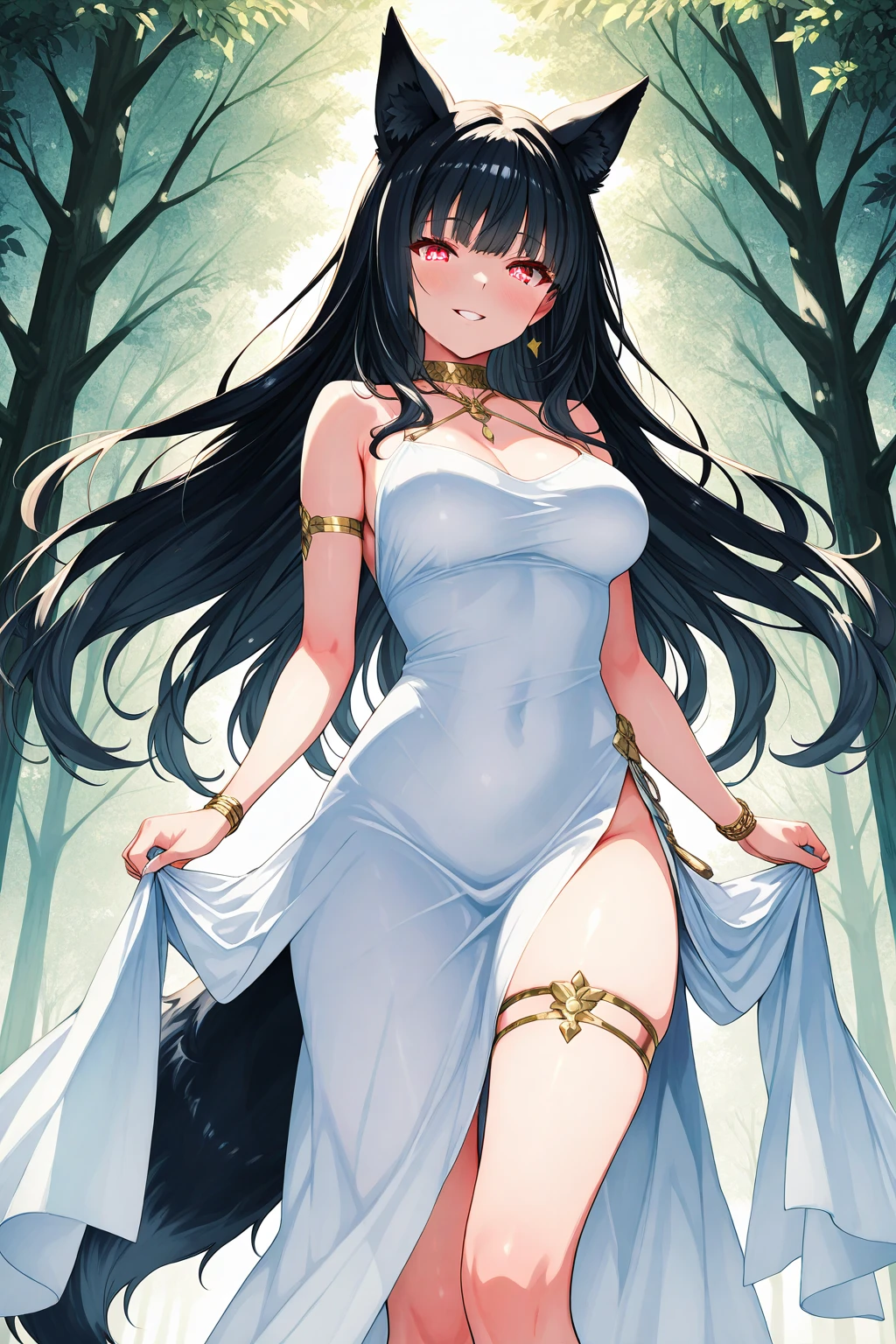 long hair, black hair, medium breast, slim legs, blushing, white gown, cleavage, royal, skirt, rin tohsaka, twin tail, navel, garden, night