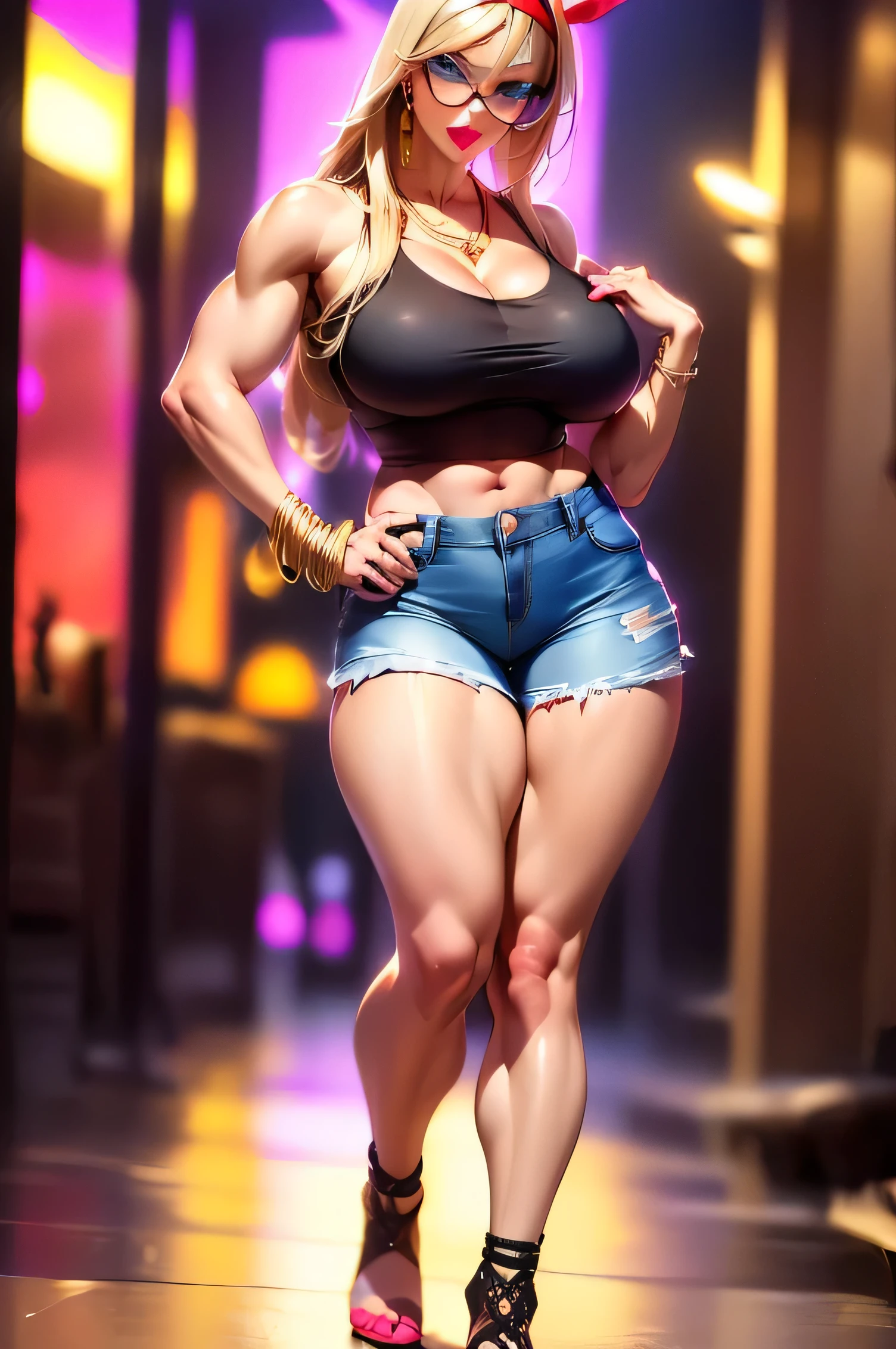 Android 18, Greek goddess Aphrodite, very angry, and sexy face, Her figure is extremely sexy voluptuous, Gigantic breasts, Heavy breasts, Hip fitness, Big ass, Cracked abdominal muscle, big abs muscle, wear short jean skirt, high heel brown boots, black short shirt and blue short jean coat, hypersexuality.