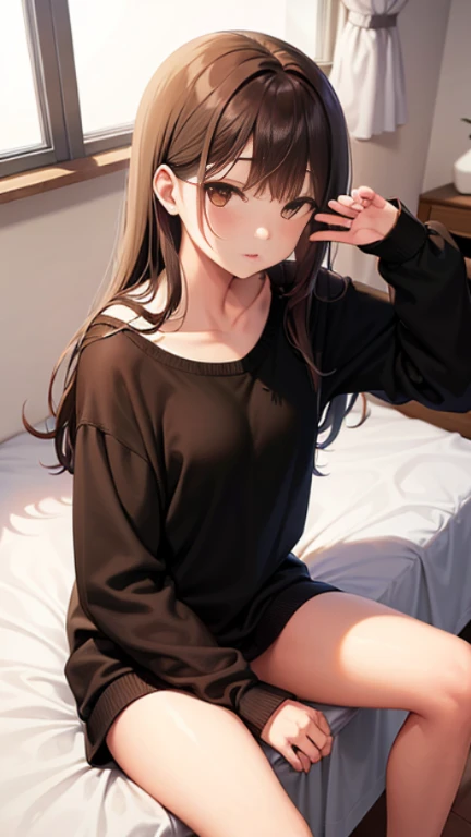 1lady, /(oversized sweater/) v-neck, mature female, /(brown hair/) bangs, blush, (masterpiece best quality:1.2) delicate illustration ultra-detailed, pantyhose BREAK /(modern house living room/) indoors, (((selfie))), (((petite))), (((frontlight))), (((sultry look))), (((lying on the back))), (((no pants))), (((wet undies)))