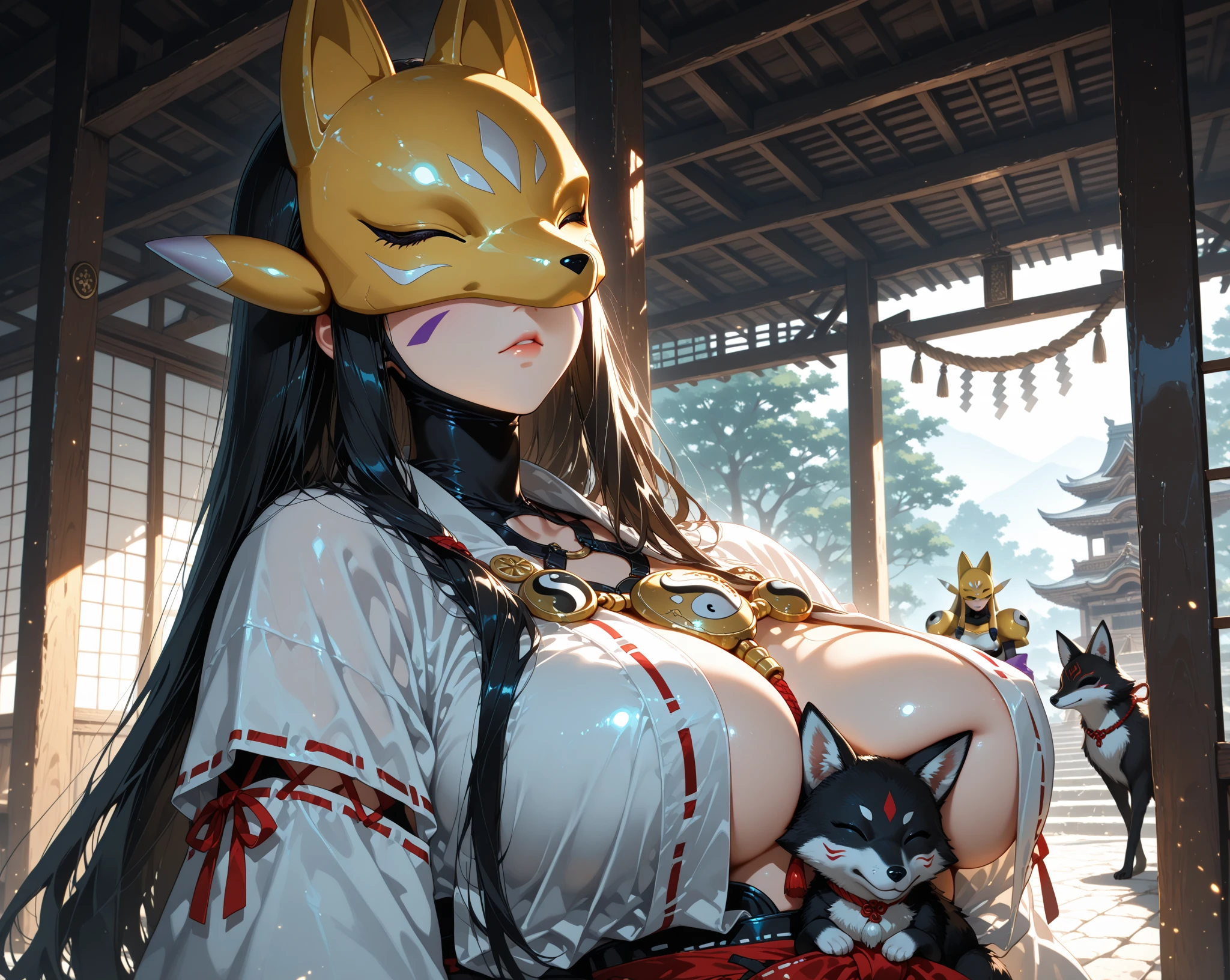 (((masterpiece, best quality))), (((superior quality))), cute girl, ((extremely detailed girl)), ((huge breasts)), fox ear, shrine maiden, (bare shoulders), strapless top