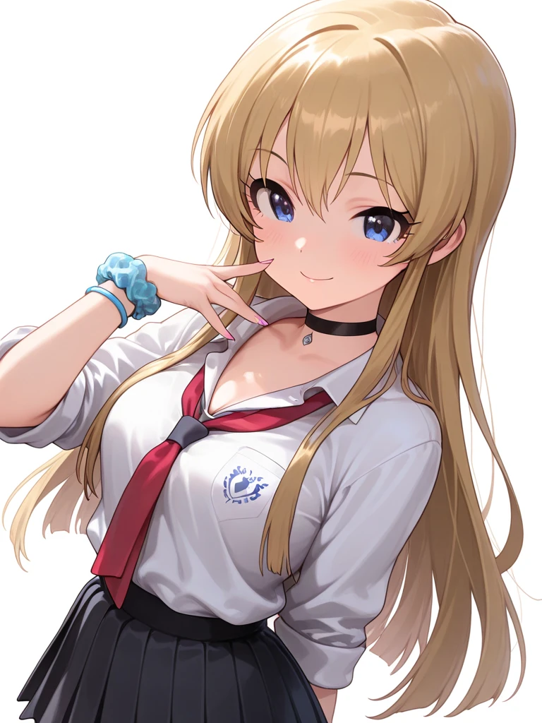 best quality, masterpiece, highres, solo, (asuna_bluearchive:1.10), 1girl, collared shirt, looking at viewer, pleated skirt, , white shirt, grin, black skirt, simple background, wrist scrunchie, white background, black choker, blue bowtie, blush, one eye covered, blue nails, nail polish, blue scrunchie, shirt tucked in, 7 