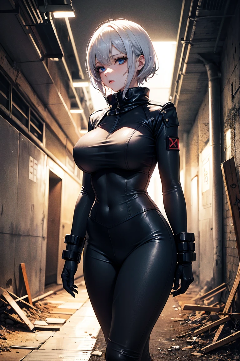 （8K， RAW photos， best qualtiy， masterection：1.2）， （realisticlying， photograph realistic：1.37），（Kpop idol）， （aegyo sal：1），adolable，profesional lighting，photon maping，Radio City，physically-based renderingt，roleplaying，lucy\（cyber punk perssonage\）， bob-cut， mechanicalparts， Gray eye， Black skinny suit， Cyberpunk-city， Black pantsuit， natta， neonlight， Raised sexy， smog， looking at viewert，， 8K high resolution， 8K， CG wallpaper， Realistis， crisp background， mediuml breasts，Thin waist and thick hips，juicy legs， full bodyesbian，