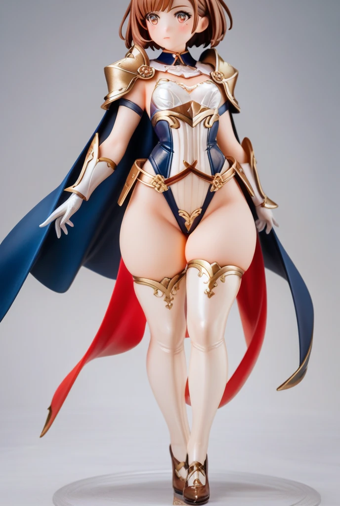 (masterpiece, best quality, plain background:1.2) full body standing height straight symmetrical looking to the viewer, view from below, cowboy shot, extremely long hair, ponytail, perfect anatomy 1girl tall solo, slim thick, ((muscular)) high elf toned body, silver breast plate, blue cape, slender abs, hourglass waist, detailed face, defined cheekbones, puffy lips, gauntlets, gold crown, shadow over eyes, white thigh highs lingerie