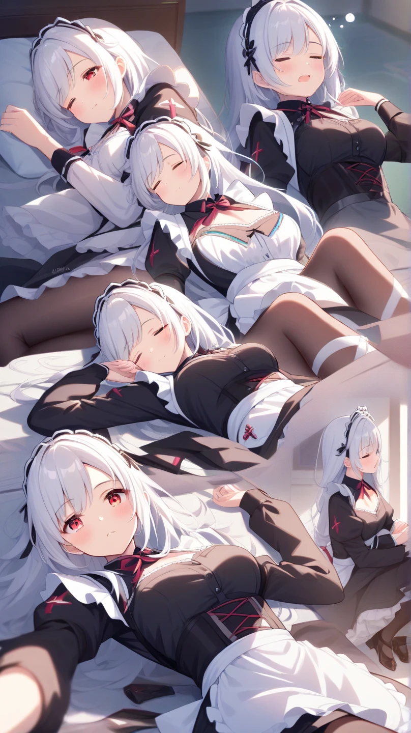 Kneeling on the ground Facing away from the audience No pants White hair Girl blushing Panties Pink panties Legs apart No shoes Half closed eyes Comic face On bed 4K Breasts Large Shyness Meticulous Masterpiece Hands on legs Long legs Barefoot