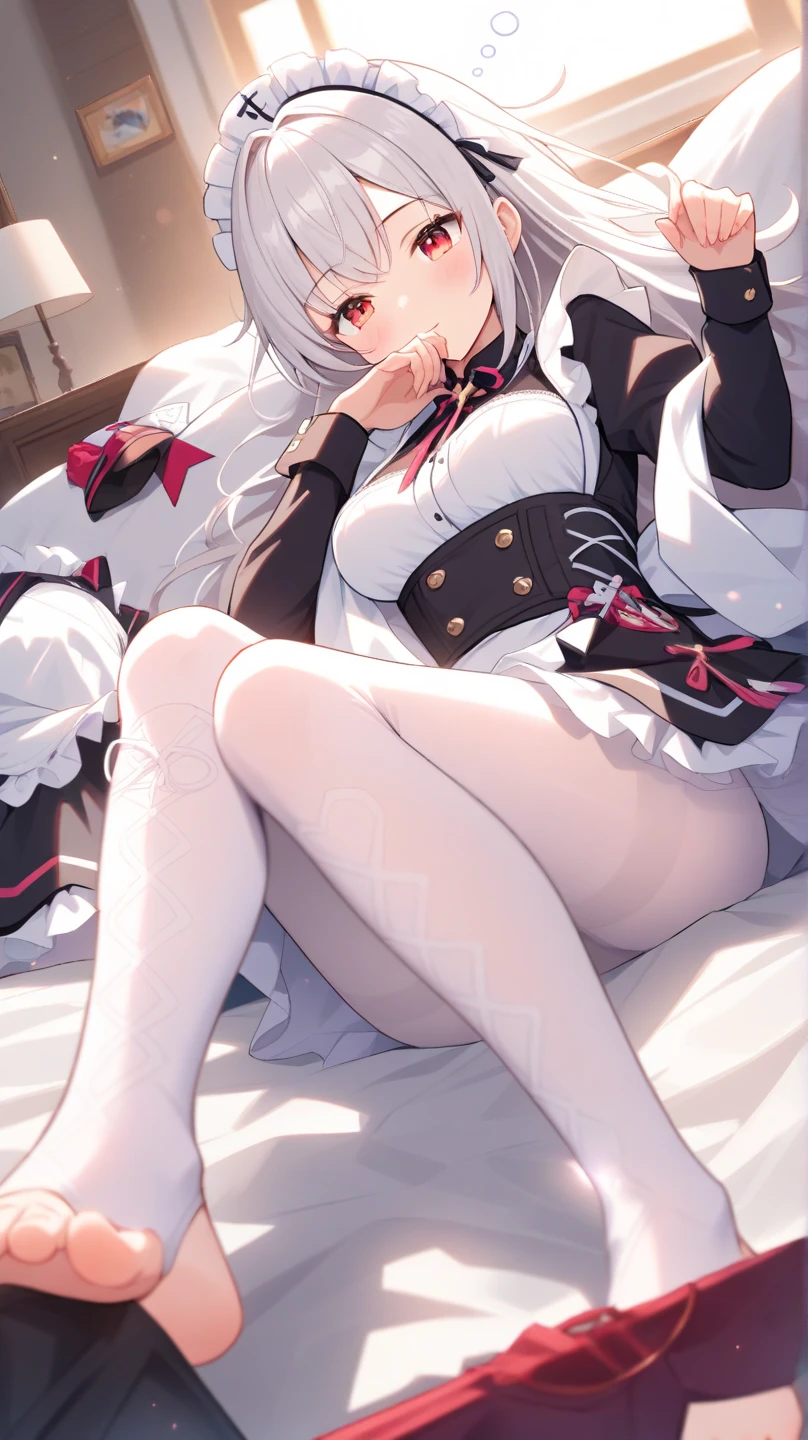 (valkyrie_pledge,NSFW,Chibi,sketch,Presenting,White tights,Lying,all fours,female masturbation :1.2) orgasm,Flat_Chest, Black_Dress, nun, ,silber hair, long skirt,White tights,Looking away,(full-face blush),embarrassed,low angles, Juice stain,bed,The soles of the feet through white tights