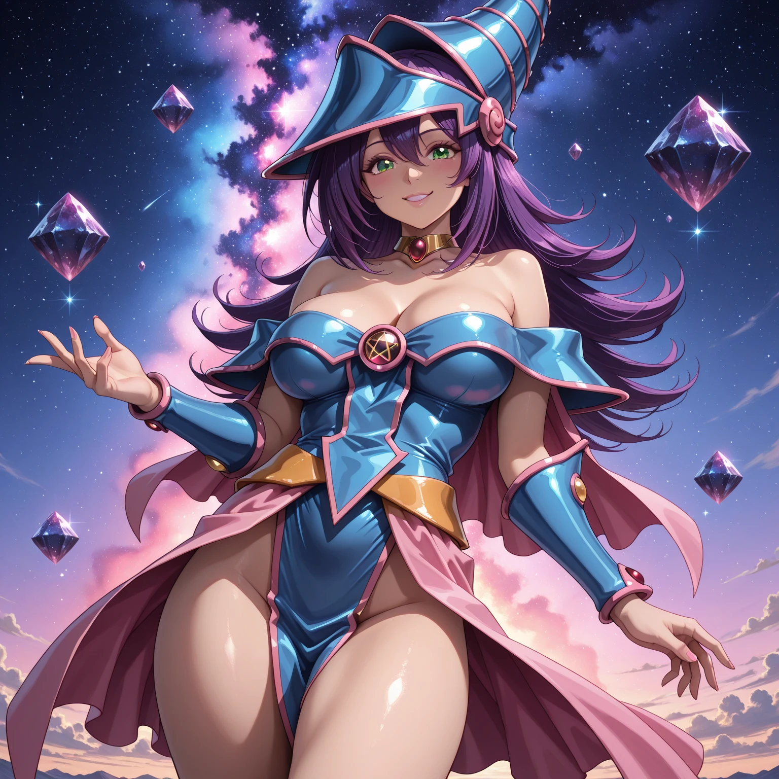 (best quality,highres:1.2),(realistic:1.37),(HDR,UHD),(vivid colors),(physically-based rendering),(extreme detail description) Dark Magician Girl,powerful enchanting eyes,sorceress dressed in a flowing dark blue robe,long flowing purple hair,holding a magical staff,beautiful detailed eyes and face,flowing dark cape decorated with golden stars,mysterious magical aura surrounding her Magic Circle,luminous intricate magical symbols,glowing bright blue and purple hues,circles within circles,pulsating with energy,hovering above the ground,crackling with arcane power Indigo background,dark yet vibrant,contrasting against the bright magic circle,adding depth and intensity,shadows dancing across the scene Soft, warm studio lighting,accentuating the details,casting gentle highlights and shadows,playing with the magical elements The girl stands tall and confident,aura emanating from her,she gazes into the distance with determination,a hint of mischief in her eyes Her surroundings hint at a mystical forest,with ancient trees reaching towards the starry sky,faint moonlight piercing through the canopy,illuminating the magical scene Her magical staff emanates energy,glowing with intense hues of blue and purple,a focal point in the artwork The dark magician girl harnesses the power of sorcery and mystery,her presence captivating and ethereal,a symbol of strength and enchantment In the artwork, the profound connection between the dark magician girl and the magic circle is emphasized,conveying the synergy and harmony between the two elements