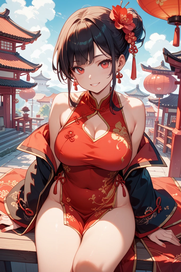 princess azula, evening, sunset, looking at viewer, cleavage, red satin robes, clothed bathing, girl floating above the water, palace, temple, fire, lava, red glowing, smug face (NSFW 1.1)