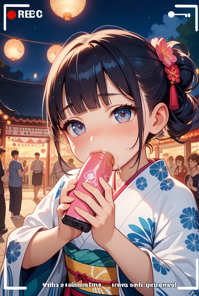 (frontale pov, Stretching out sexy tongue, sexy kiss and Lick:1.2 a popsicle) (solo:2, 15 yo blunt bangs:1.2 black hair long hair shrine maiden cute girl, sexy closed eyes, love smile), (in a cute yukata), break, (in the night Japanese festival venue), BREAK, perfect anatomy, masterpiece, best quality, 16k, beautiful detailed hot, daydreaming expression.