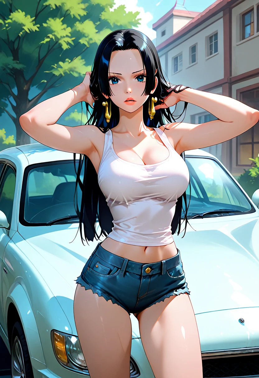 One girl, alone, Long Hair, (Large Breasts:1.3、Chest visible from below:1.2), View your viewers, blush, bangs, Tight shirt, Black Hair, hair ornaments, Knee socks, belly button, Mouth closed, Green Eyes, Are standing, whole body, White shirt, Short sleeve, (Thighs:1.2), Outdoor, shoes, Shorts, Day, Hair Clip, abdomen, black Knee socks, Stomach, Raise your arms, Tight crop top, short Shorts, White footwear, denim, sneakers, blue Shorts, denim Shorts, Tight crop top overhang, cut off