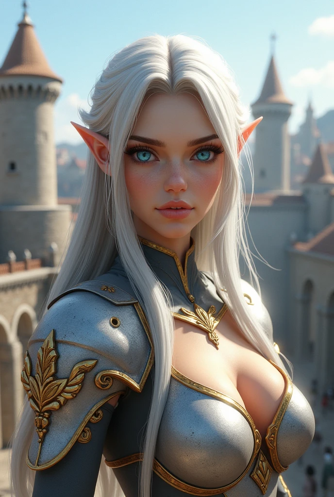 ((best quality)), ((masterpiece)), (detailed), Prize-winning works, with incredible details, maximum textures and details, uhd ,8K,super resolution ,depth of field, retina, masterpiece, anatomically correct, textured skin, super detail, high details, highres ,1 Medieval Fantasy RPG Female Elf Adventurer,hair in the wind,very long light silver wavy hair braid ,((yellow black hair,)),shy smile,similar to the work of JRR Tolkien,black long cape ,lightweight armour,fully body, hyper-detailed piercing eyes , (25 year old young man :1.1,detailedeyes, face detailed, whole body:1.1,the background is a magnificent castle  ),(best qualityer:1.2,ultra detali:1.1,realisitic:1.37) ,eyeshadows,sharp focus,swirly vibrant colors,)