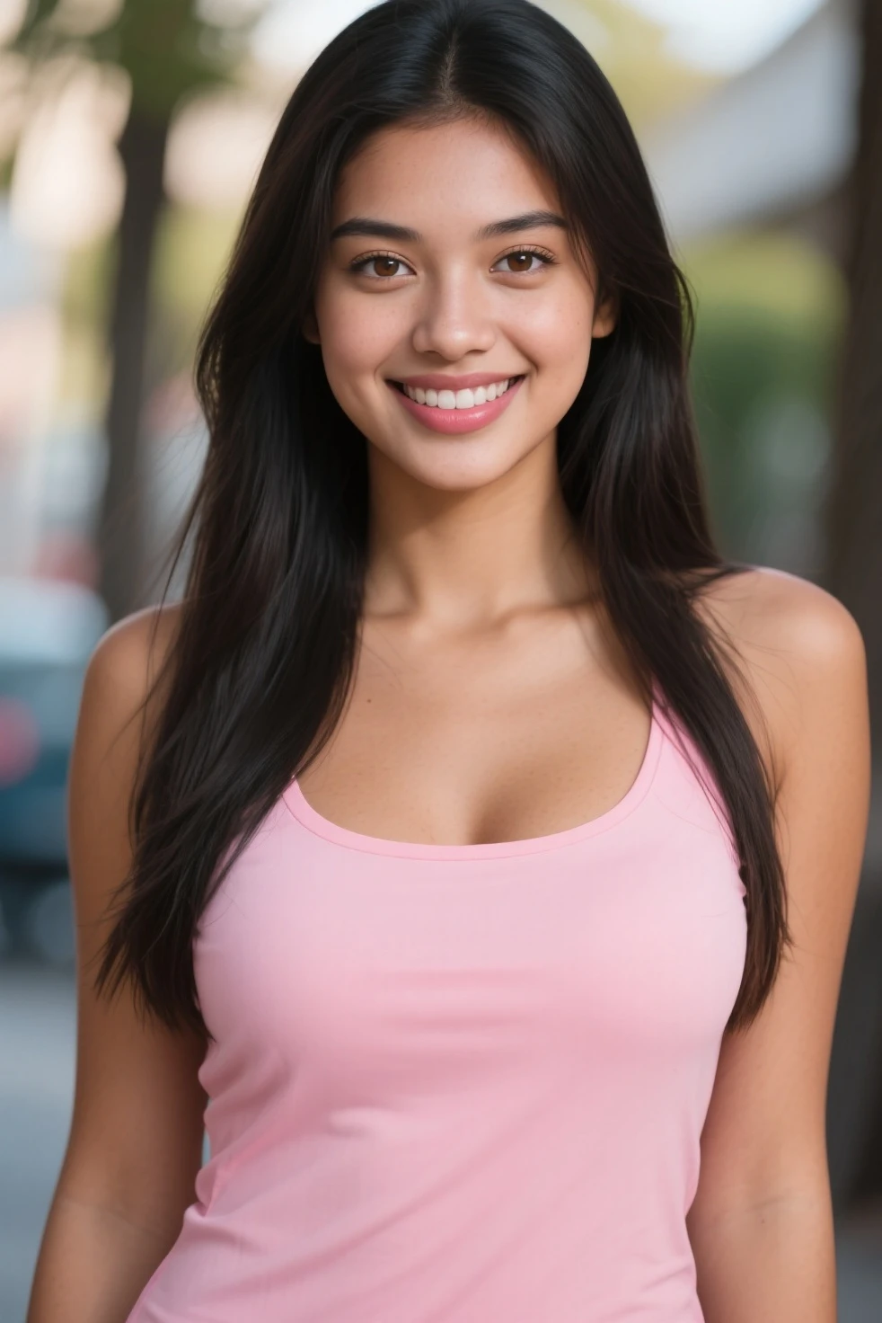 (masterpiece, Highest quality:1.1), (8k, RAW Photos, Photorealistic:1.2, f22), (Glowing Skin), Detailed skin, Long Hair,Detailed face, Detailed eyes, smilee,break, Real World, Intricate details, smile, break, One girl, (Purple Tank Top,Denim pants), break, (city:1.4), break
