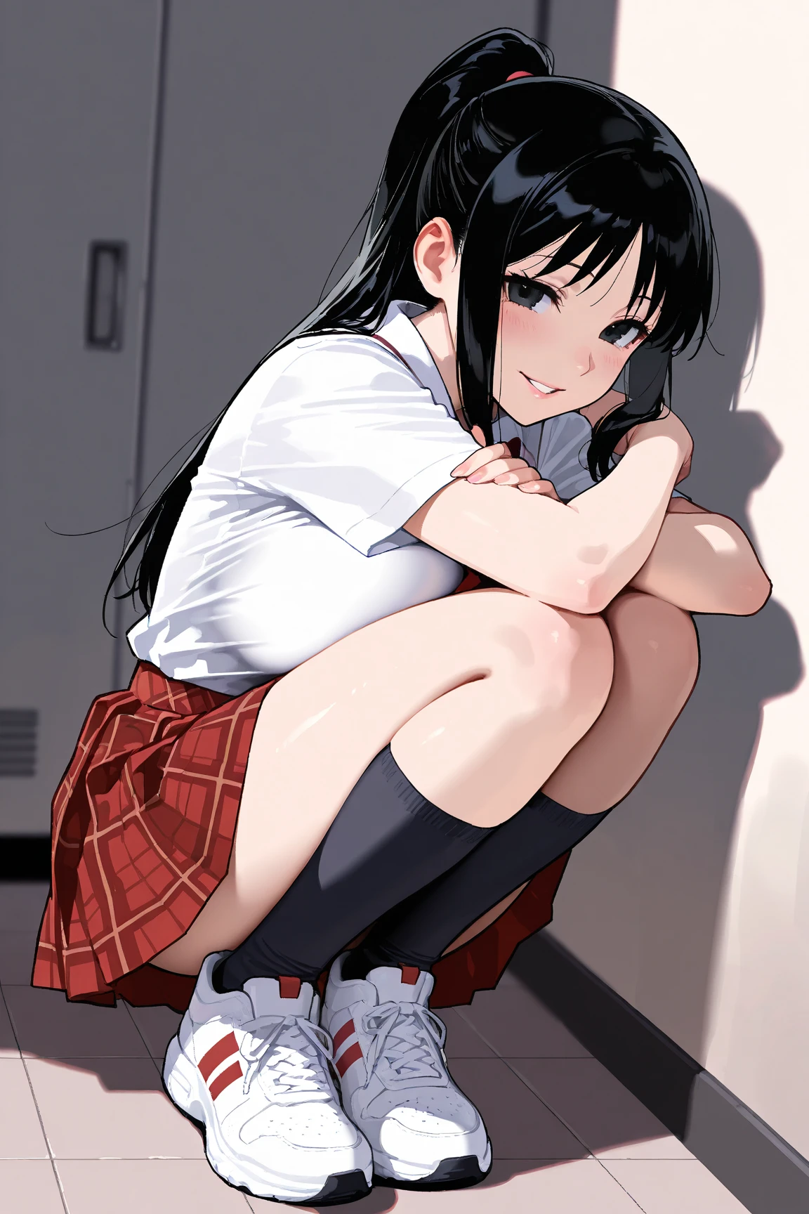 from front,focus on panties,fine underwear,black panty,flat chest
,BREAK,
nico yazawa, flat chest,black hair, (red eyes:1.5), twintails, hair bow, bow, red bow,
,BREAK,
gyaru, shirt, plaid, bow, blush, white shirt, hair ornament, nail polish, plaid skirt, bowtie, pleated skirt, clevage
,BREAK,
disdaining ,disgusted face, disgusted face,displeasure,grimance,anguish,furrowed brow,furious,,{{{disgusting:1.5}}},{{{clenched teeth:1.1}}}, look down at viewer, {{{shaded face}}}, masterpiece,absurderes, beautiful detailed face
,BREAK,
,Squat,looking down at viewer,Squatting,
((masutepiece,hight resolution)), masutepiece, Best Quality, , absurderes, Perfect Skin, Detailed skin texture, ultra-detailliert, 8K, Intricate details, beautifull detailed face,hight resolution, 1girl ,from front.
indoors,locker room