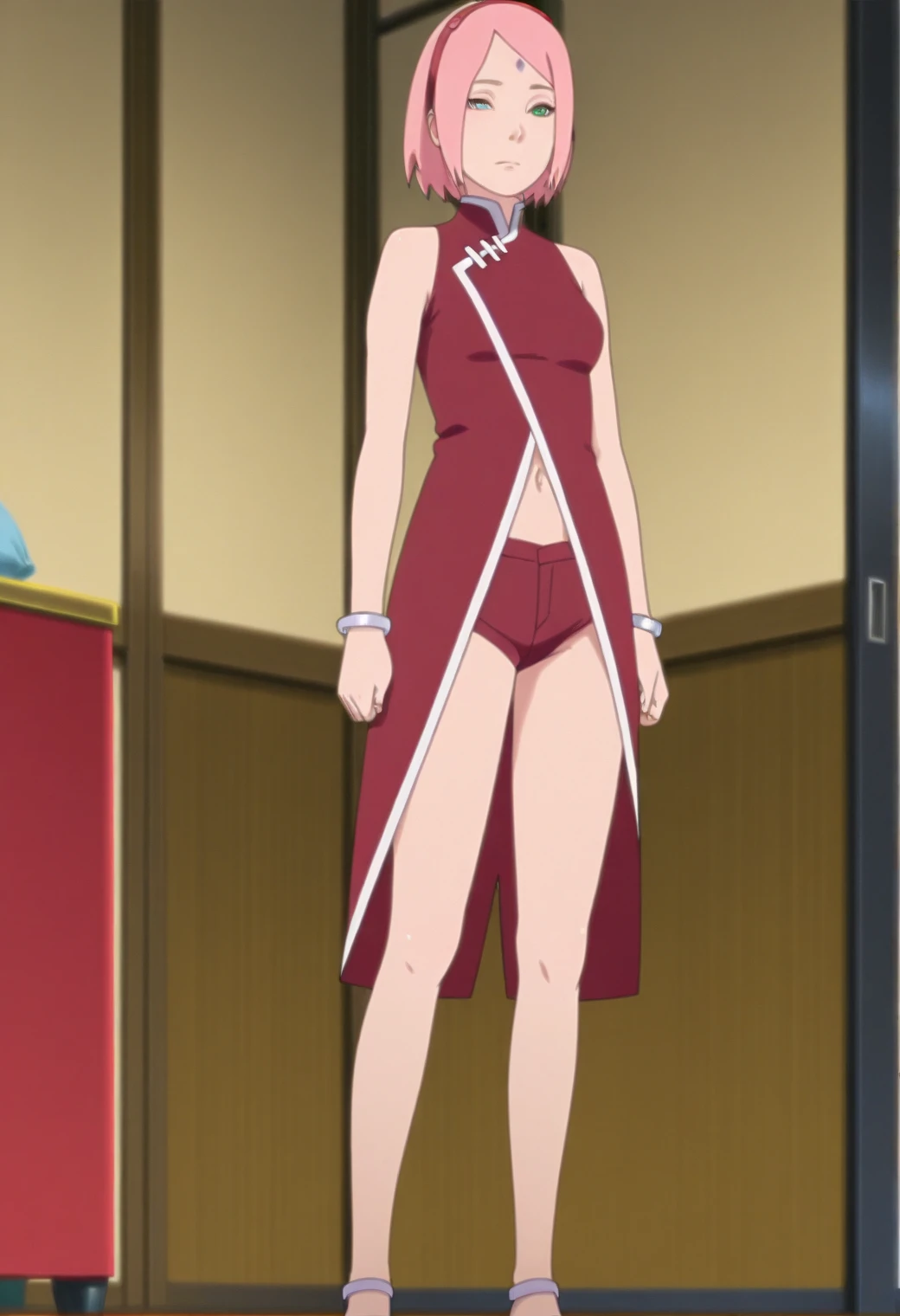 Sakura Haruno is charming,((( bare,wide hips,abdomen,sexy ,sleep,Behind the bed,IPST, naked,Torn shirt,full body,sleep, provoking,open shirt,nipple))), cool colors, (sexually aroused),((see the whole body))
