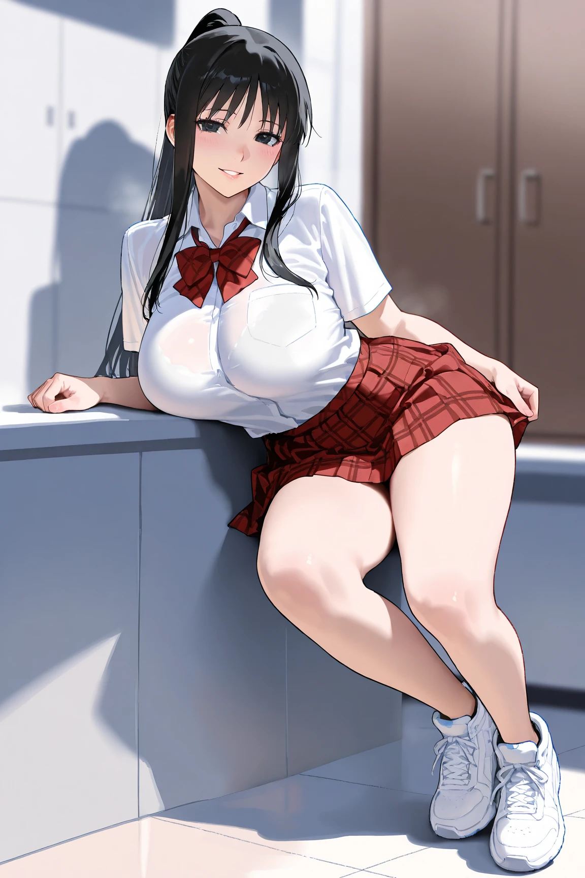 a hot asian girl with big and wide hips wearing a tiny skirt and leaning on a wall sedusively and blushing