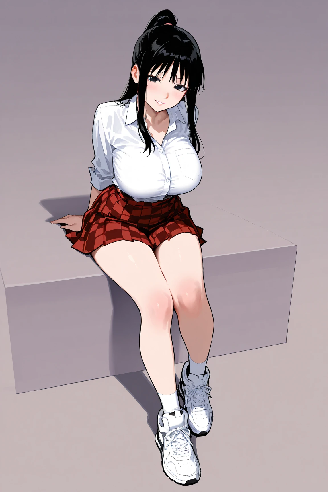 High resolution, Top quality, Masterpiece, Ultra high quality, Ultra detail, Ultra realistic, 3D, Anime, Illustration, Troubled face, Solo, ((Beautiful student short skirt)), squatting and touching hair, (looking at the camera), (background blur))), brown leather shoes, bare feet, (cotton underwear), large breasts, frontal shooting,