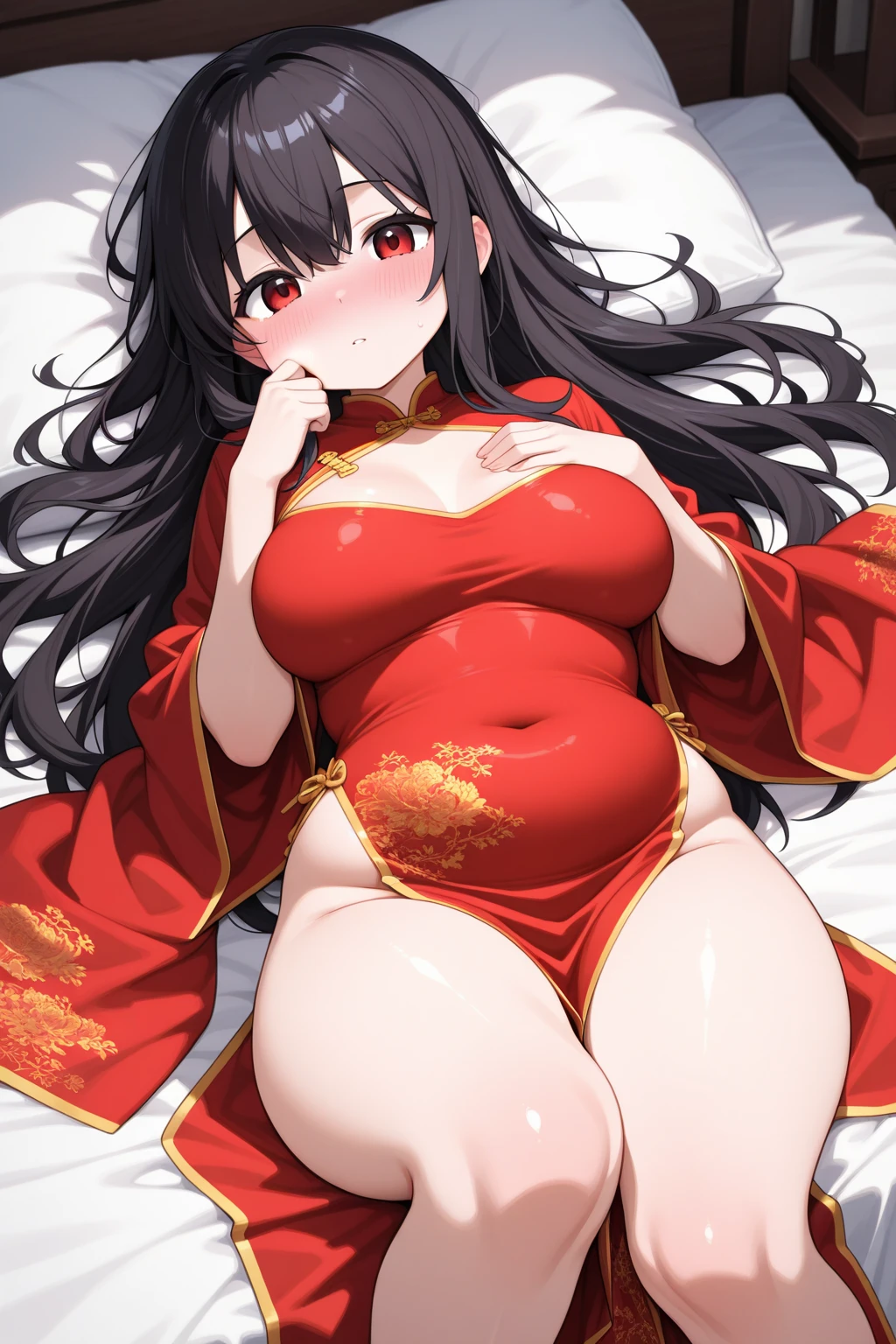 pregnant woman,Big belly,Large Breasts,Wearing cheongsam,Lying on the ground giving birth,The expression was painful,