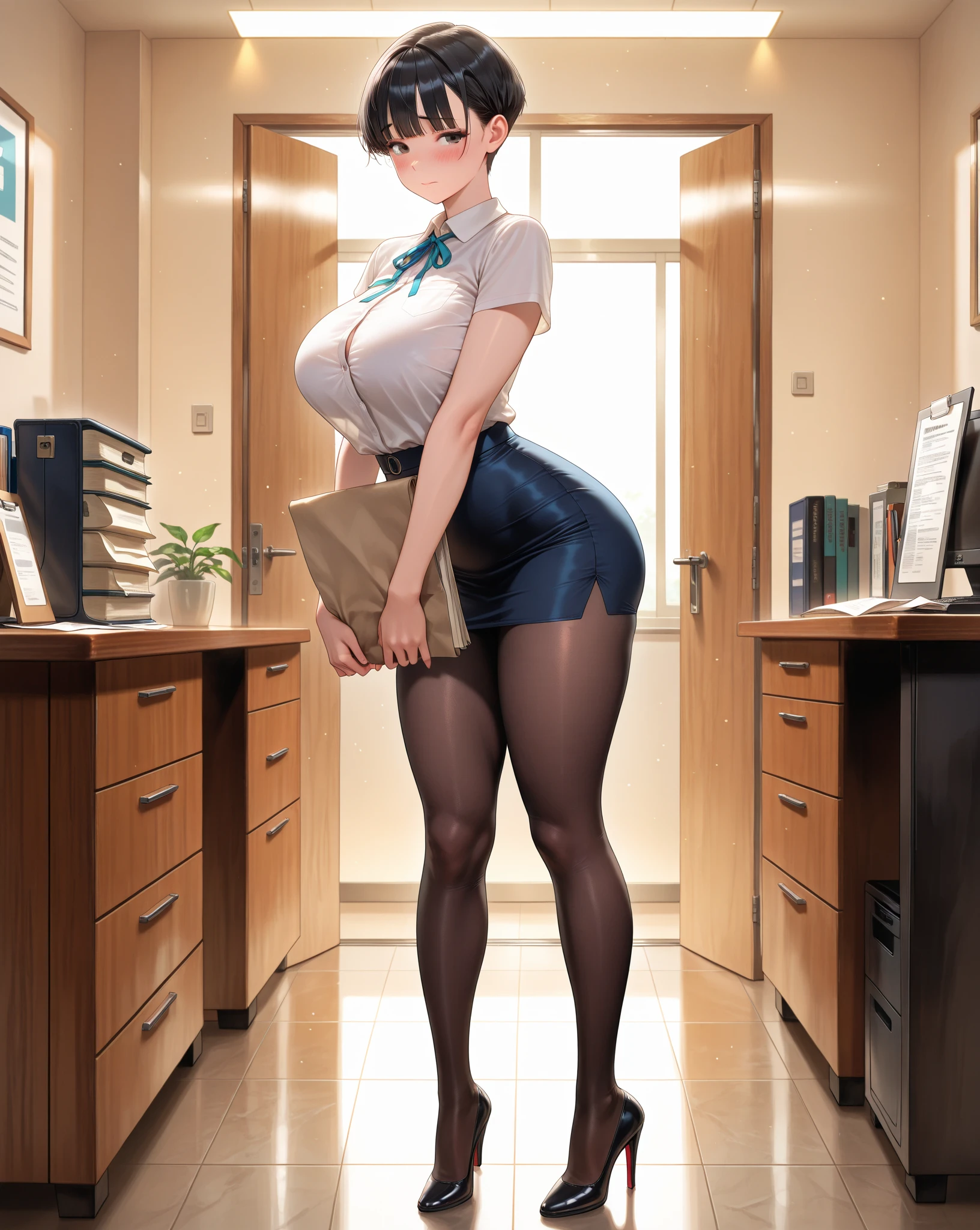 masterpiece, best quality, high definition images, atmospheric perspective, expressive eyes, perfect face, ultra detailed, solo, 1mature seductive woman alluring, female teacher, look elegant, black short bob hair, simple glasses, business suit, jacket, blouse, pencil skirt, tight mini skirt, open legs, panties, curvy, thighs, pantyhose, high heals, stern expression, shy, from below, in classroom, school,