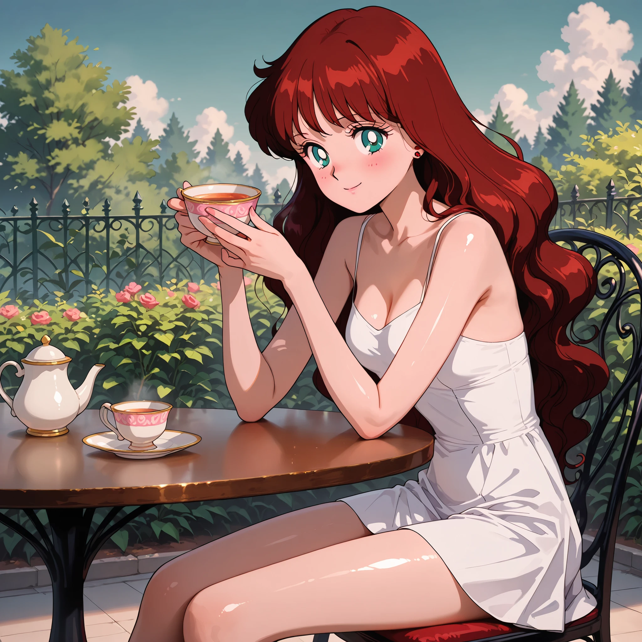masterpiece, amazing quality, best quality, ultra-detailed, 8K, illustration, clear skin, ultra-detailed-eyes, shiny skin, very awa, very as2, soft body, newest, haruna sakurada, bishoujo senshi sailor moon, long hair, reddish brown hair, blue eyes, white mini dress, sitting, table, garden, swiss roll, holding cup, tea cup, smile,