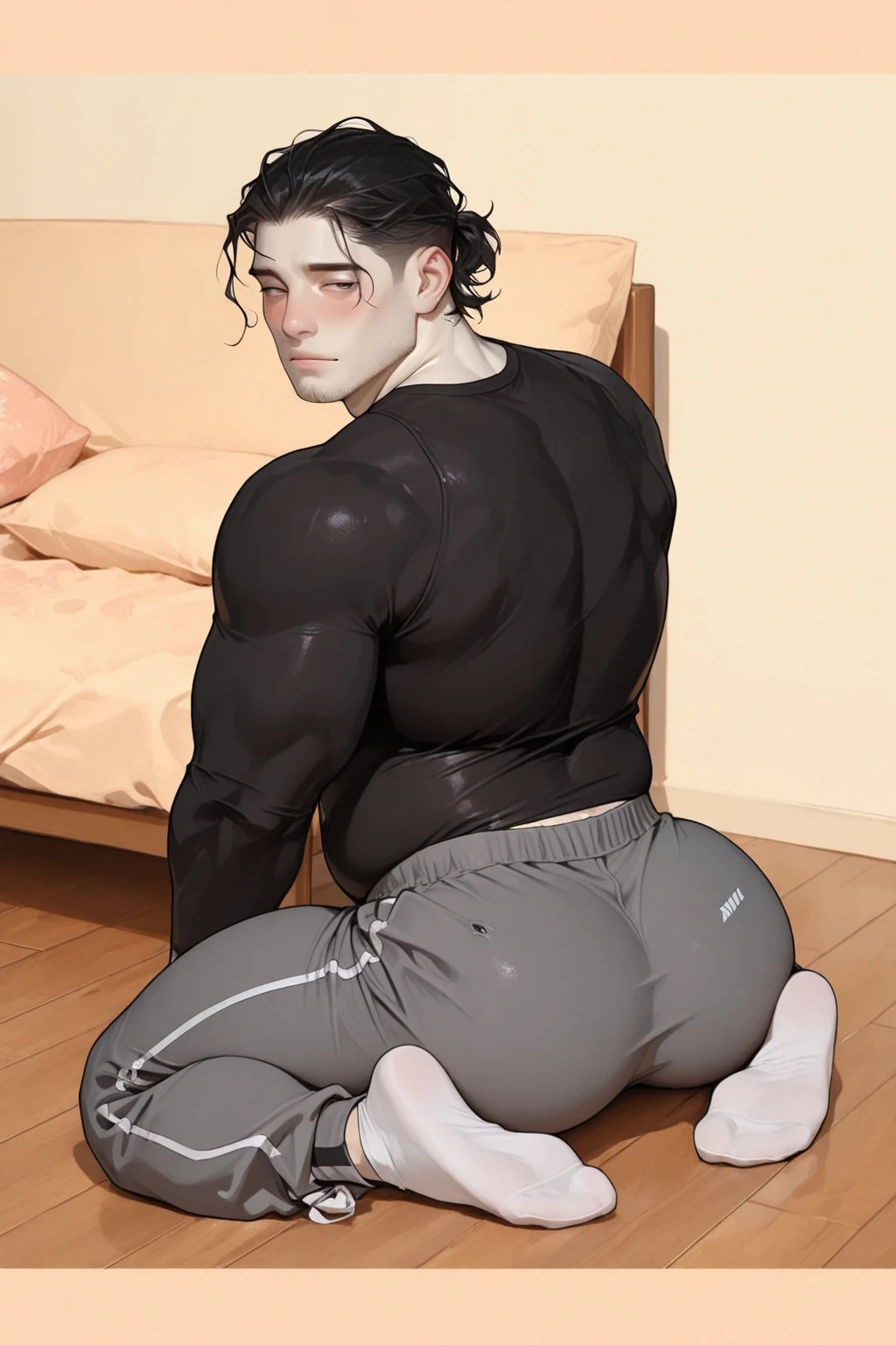 1 muscular man wrapped in rice milk cream turtleneck Slime, lying on a large white Slime bed, with a large number of white Slime bubbles on the bed, wearing sunglasses, muscle hero, Buzz Cut, tall and burly, muscular! Tall burly, sneak suit, symmetrical yellow-red striped texture design, thickened thermal tights, sexy thick legs, super buff and cool, high resolution committee, character design (Resident Evil - Chris Redfield), rough big feet, white cotton socks, attractive strong men, warm and soft lights shining on the body