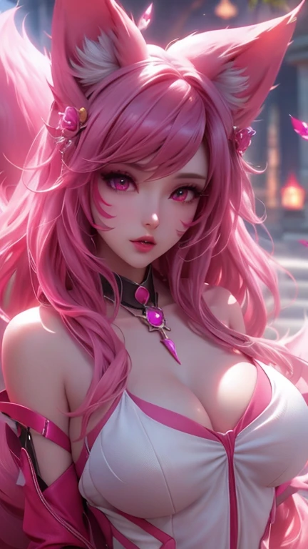 seraphine1, league of legends, nsfw, pink hair, queen, risque pose, big boobs, cleavage, digital illustration, vibrant colors, soft lighting, perfect face, absurdres, ultrasharp, 8K, long hair, space buns, lolita dress, gothic, dark angel
