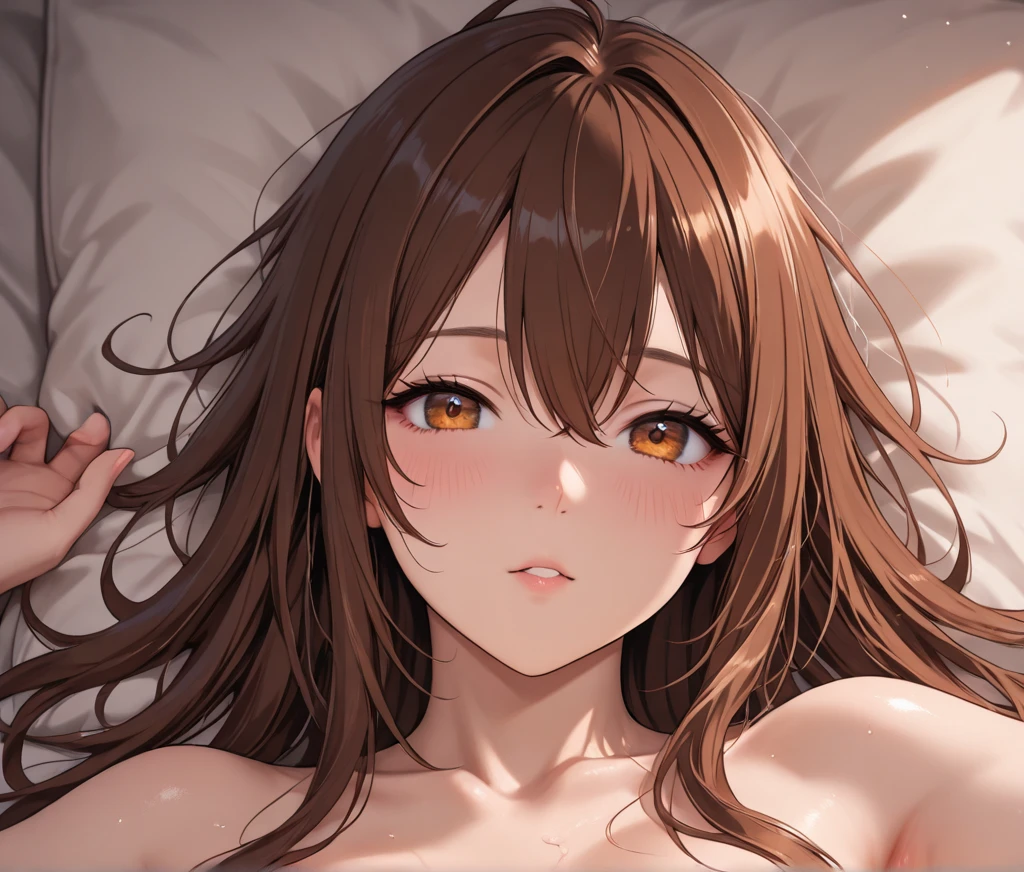 araffe woman laying on a bed with her head on her hands, japanese model, Yoshitomo Nara, gorgeous chinese model, she is laying on her back, reluvy5213, li zixin, qiu fang, close body shot, lu ji, wenfei ye, young sensual gravure idol, sexly :8, bangs,brown_hair, long_hair,red eyes,lipstick,makeup,