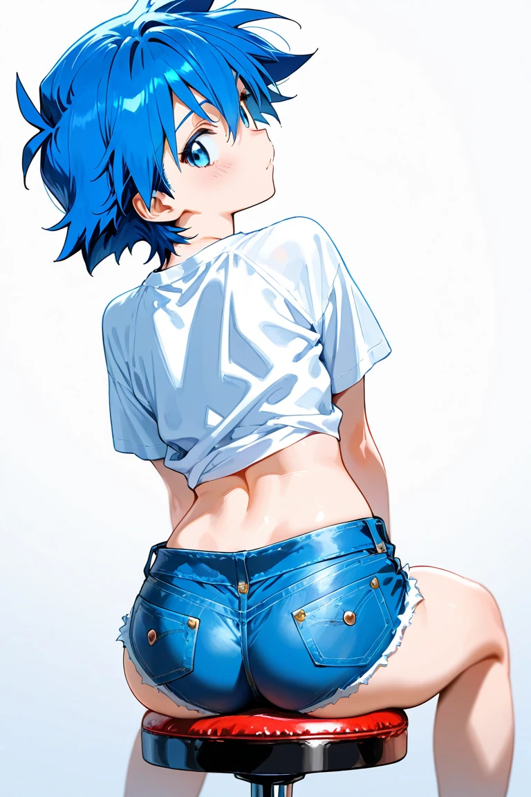 Anime boy with blue hair and white shirt standing next to another boy, Wearing blue bloomers, Ecchi anime style, In the art style of 90s anime, anime moe art style, Toei Animation style, 2 d anime style, cel shaded anime, Anime Boys