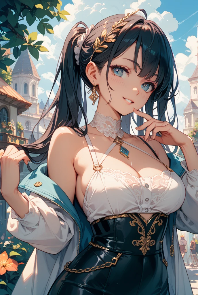 realisticlying、13-year-old girl、、Sideways view、(Emphasis on the thighs)、Medieval Italy(Super close-up from below)((Wearing the Venetian Mikloy((Masquerade))、Wearing a white dress in medieval Europe、Ancient castles in Italy、Cleavage Emphasis Colorful Sexy Pose