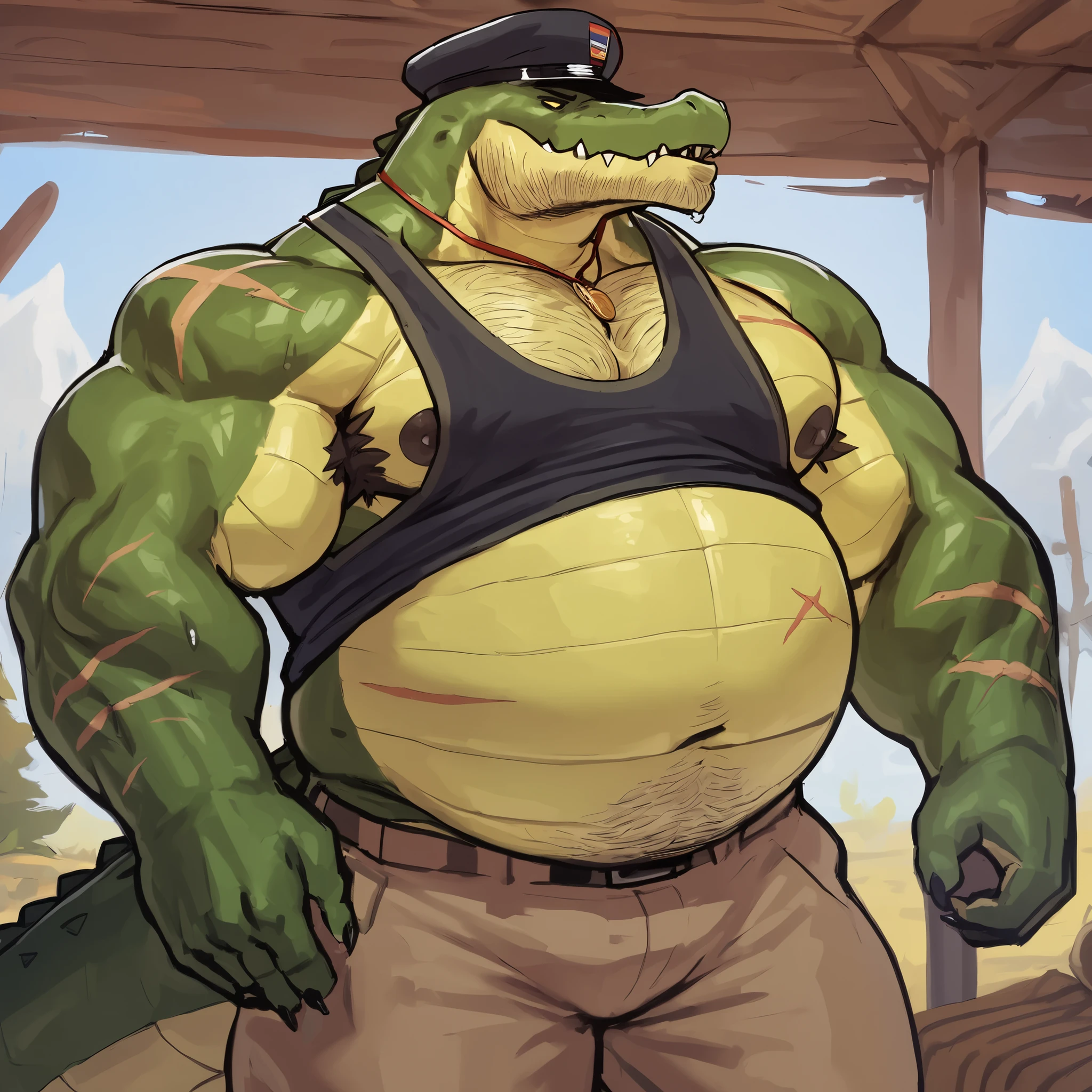 Solo, male, (alligator), standing, alleyway, plants, golden hour, smirking, rape face, (((muscular, buff, strong, giant, biceps, enormous, massive, gigantic, powerful))), overweight, musclegut, chubby, boxer briefs, big bulge, by bebebebebe, open mouth