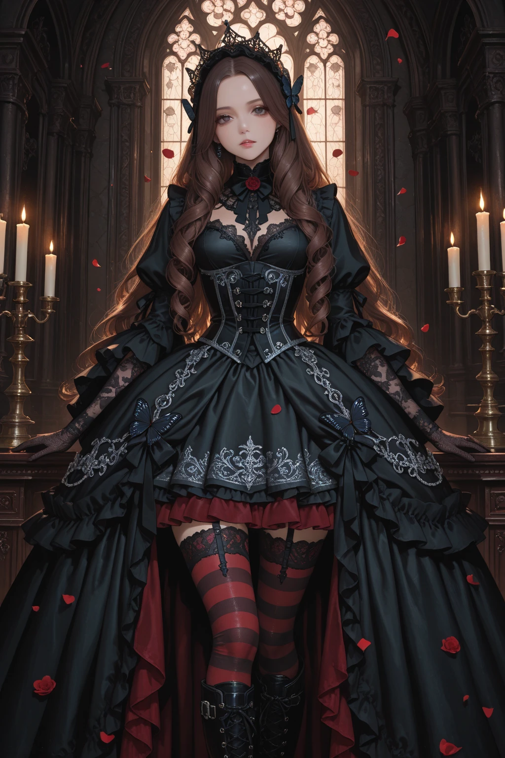 (masterpiece, best quality, detailed, vibrant colors, dimly lit, rim lighting), esoteric, (occult, gothic), eerie, (solo), full body, (elven girl), robot, bionic arms, (bionic legs), skimpy clothes, long dress, (lo dress), black frilly drapes, in front of a window <lora:lo_dress_gothic_style2_v2:0.7>
