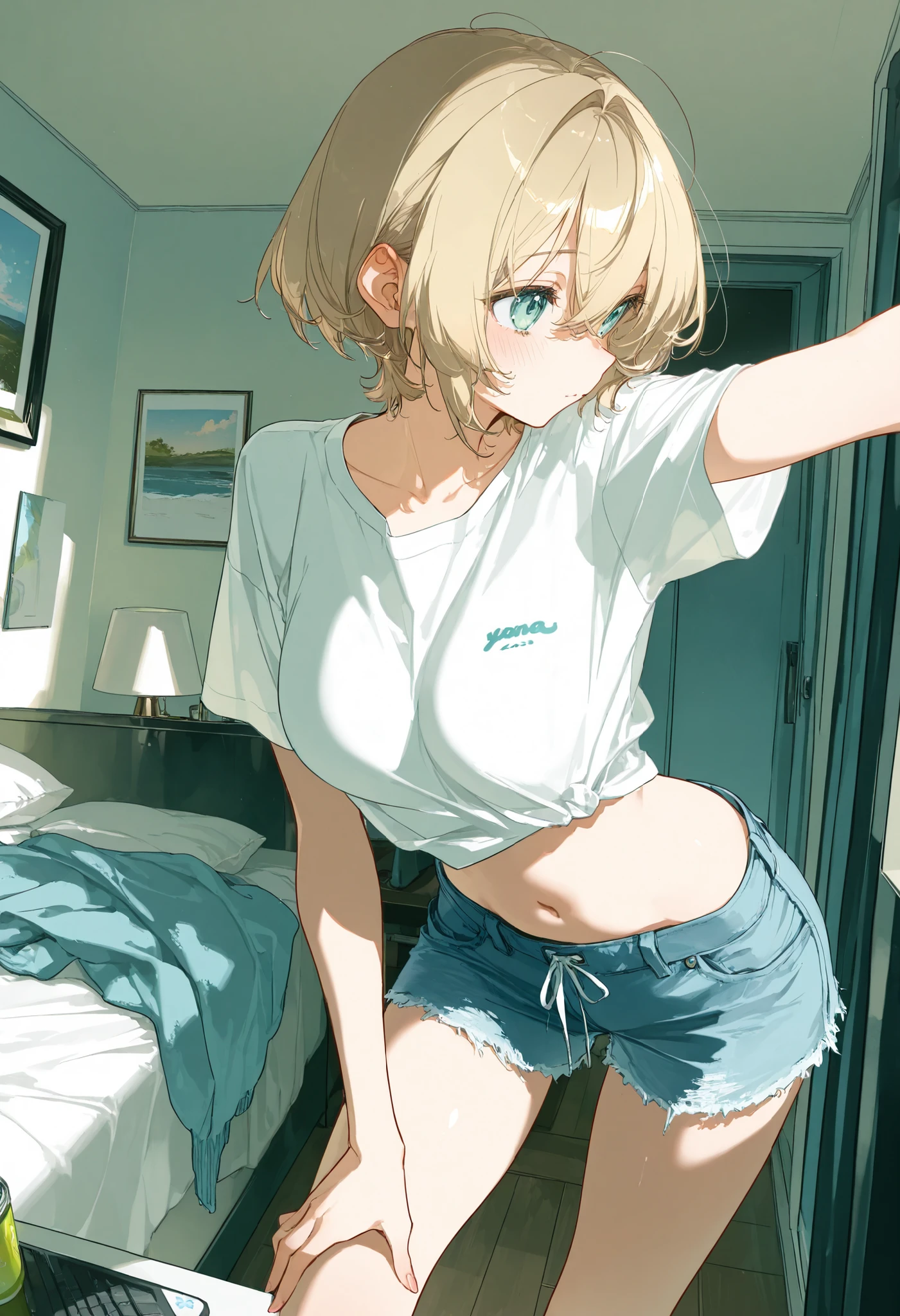 ((masterpiece)),(((Highest quality))),Thin thighs,An 25-year-old girl ,White shirt,Blue and red plaid mini skirt:1.5,The best smile,Short-cut blonde:1.5,A pose from above with legs spread and buttocks sticking out, ), (stick out butt), (focus on hips), (from below) ,(tan skin), show hips ,(slouch),(Blue panty),((hyper big hips)),