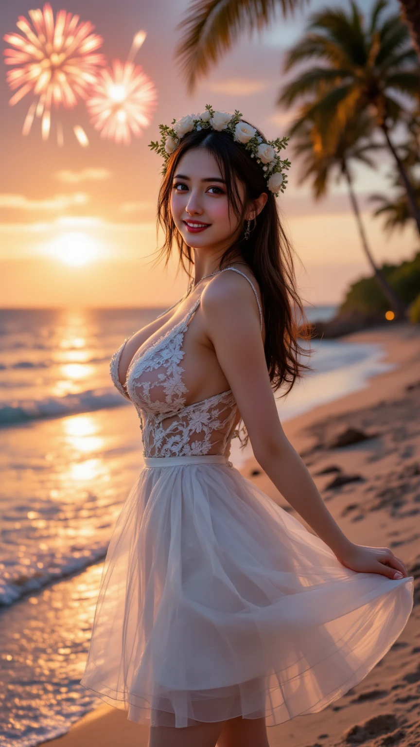 (realistic, photo-realistic:1.37), (masterpiece, best quality:1.2), (ultra high res:1.2), (RAW photo:1.2), (sharp focus:1.3), (face focus:1.2), (Extremely detailed CG unity 8k wallpaper:1.2), (beautiful skin: 1.2), (pale skin:1.3), (hyper-sharp focus: 1.5), (ultra-sharp focu:1.5), (beautiful clean face:1.3), (ultra-detailed background, detailed background:1.3), bokeh, depth of field, BREAK, Photo of extremely cute and beautiful Japanese woman, (bride), professionattire, (22yo:1.1), light smiling girl portrait, full body image, When viewed from the front, the composition is symmetrical, (studio lighting:1.3), (cinematic light:1.3), (back light:1.3), (face light:1.3), lighting full-covered her whole body, looking straight at you, standing, sexy model pose, BREAK, (chestnut half-up hair:1.2), dark brown eyes, beautiful eyes, princess eyes, mahogany hair, single hair, bangs, slender, abs, (huge breast;1.35), (narrow waist:1.15), (detailed beautiful girl:1.4), (pure-white classy and gorgeous lace silk wedding dress:1.3), (Bali island ocean view background:1.2), (smile, happy:1.3), ((perfect female body)), (upper body image:1.3), frame the head, perfect dramatic, volumetric lighting, professional majestic oil painting, shiny skin, ct ???????, perfect proportion, 8.5 life size, face focus, ultrarealistic photo, hyper-sharp image, hyper detailed image, Bali island, ocean view, beach, outdoor, ((walking beach:1.2)),
