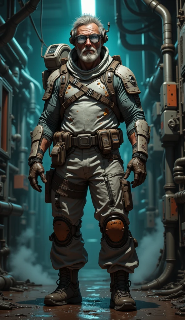 Photorealistic. a  photo of a mechanic of an interstellar modular transport ship. 55 years old. Tane skin, 3 day stubble, dirty, sticky hair and face, dark circles around eyes, stains of sweat and oil on the chest, dirty mechanic dunfarees full of patches, zip belts, hi-tech organic-like shaped life supporting system, dirty sweaty t-shirt, little vent holes, ankle hi-tech shoes, rubber elbow and knee pads, worker belts on waist and chests, equipped with many complicated tools. Hi-tech backpack. Protecting gloves, small futuristic communicator on head, ptotecting hi-tech glasses moved up on forehead, stocky posture. Standing on a dirty technical corridor of a exploited hi-tech spaceship. Dark, Low power supply lighting, muted colours, steam spreading from pipes, lots of vires hanging suspended under sealing, industrial gear on walls. Complementary teal colour scheme. Dark Sci-fi movie aesthetics, hi- tech nanotechnology, cyberpunk vibe, futuristic shapes and materials, strong shadows, dark background, hot, tropical atmosphere, strong film grain. Hyper detailed. Front view.