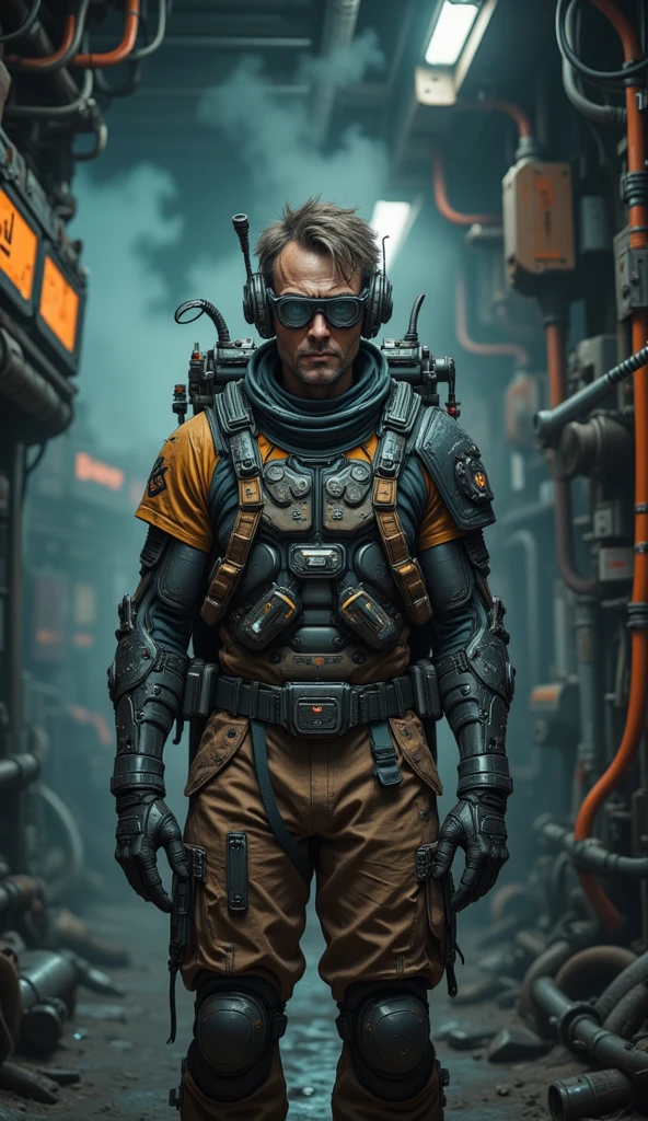 Photorealistic. a  photo of a mechanic of an interstellar modular transport ship. 55 years old. Tane skin, 3 day stubble, dirty, sticky hair and face, dark circles around eyes, stains of sweat and oil on the chest, dirty mechanic dunfarees full of patches, zip belts, hi-tech organic-like shaped life supporting system, dirty sweaty t-shirt, little vent holes, ankle hi-tech shoes, rubber elbow and knee pads, worker belts on waist and chests, equipped with many complicated tools. Hi-tech backpack. Protecting gloves, small futuristic communicator on head, ptotecting hi-tech glasses moved up on forehead, stocky posture. Standing on a dirty technical corridor of a exploited hi-tech spaceship. Dark, Low power supply lighting, muted colours, steam spreading from pipes, lots of vires hanging suspended under sealing, industrial gear on walls. Complementary teal colour scheme. Dark Sci-fi movie aesthetics, hi- tech nanotechnology, cyberpunk vibe, futuristic shapes and materials, strong shadows, dark background, hot, tropical atmosphere, strong film grain. Hyper detailed. Front view.