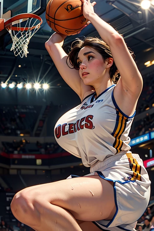 (High detail RAW Photo), (Cowboy shot:1.3), 1girl, asian, detailed beautiful face, tall torso, (topless:2.0), hard nipples, (Thick body:1.5), mature, navel, (colorful pattern sweatpants:1.6), navel, basketball court, outdoor, exposed by light, summer, day, hot temperature, (((dynamic basketball pose:1.4))), ((sagging breasts:1.1)), (exposed lower belly), ((cowboy shot:1.3)), (Heavy breathing:1.2), (Sweating:1.3), (Whore, bitch, tomboy, threatening, bully, naughty), (smug face:0.4), (moles, freckles), (Realistic healty human skin), (Plump:0.5), ((multicolored)), Guinevere_ML, orange hair,