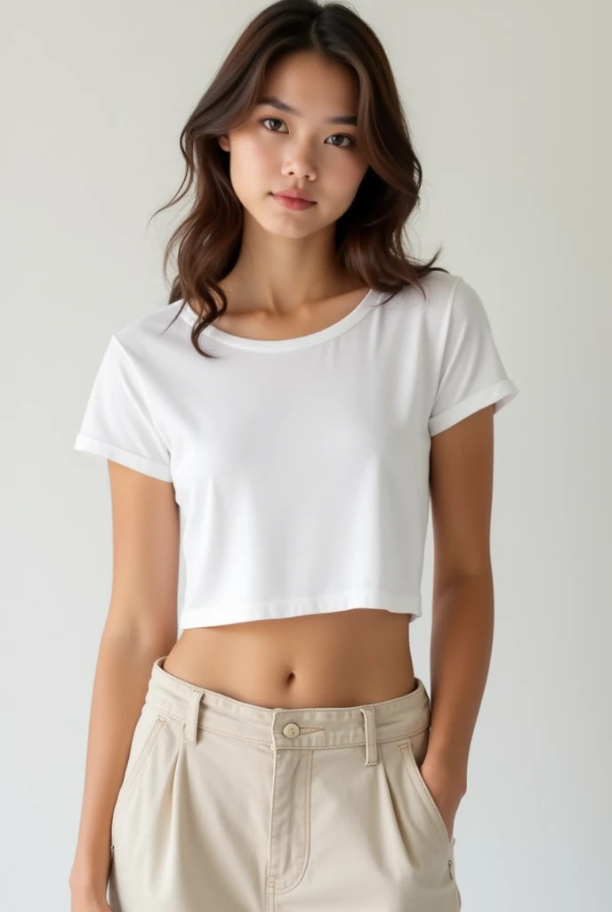 arafed woman in white shirt and jeans posing for a picture, dressed in a white t shirt, casual pose, wearing a sexy cropped top, smooth white tight clothes suit, photo of slim girl model, wearing tight simple clothes, jia, in white clothes, dilraba dilmurat, attractive pose, tight shirt, dressed in a white t-shirt