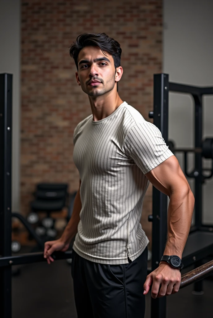 masterpiece, best quality, high resolution, Practical, Handsome, Photogenic, Shank, SFW,  A photo of a 35-year-old gym fraternity (man:1.2) portrait, Standing in the gym , Do military news, weight, amazing , Short flat head,Stubble , (muscular),Looking at the audience, Flirting with the camera, charming, (Tight-fitting white sweatshirt ),(GS-positive:1), 8K Ultra HD