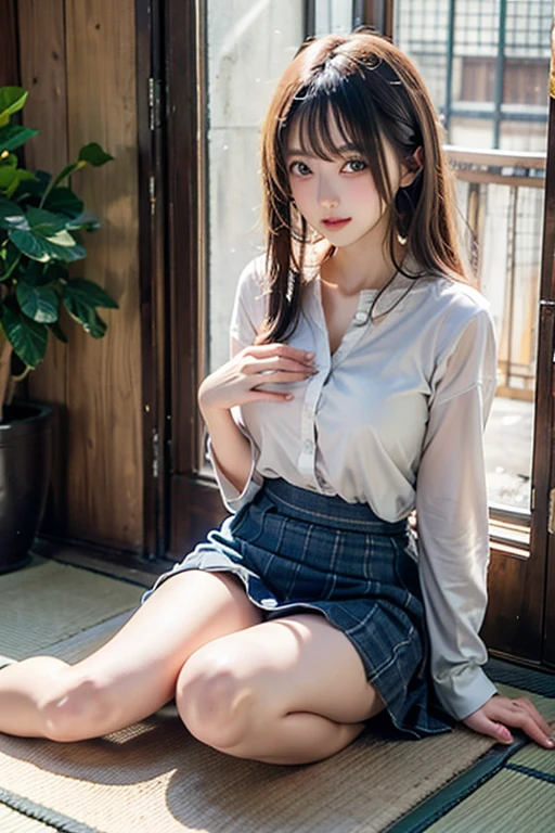 Top quality, masterpiece, (Reality: 1.2), 1 girl, brown hair, brown eyes, frontal view, detailed face, beautiful eyes, full body, sitting on bench, pleated miniskirt, open legs, lace panties, menstruating, using feminine intimate pad, nice thigh, nice legs, detailed skin,