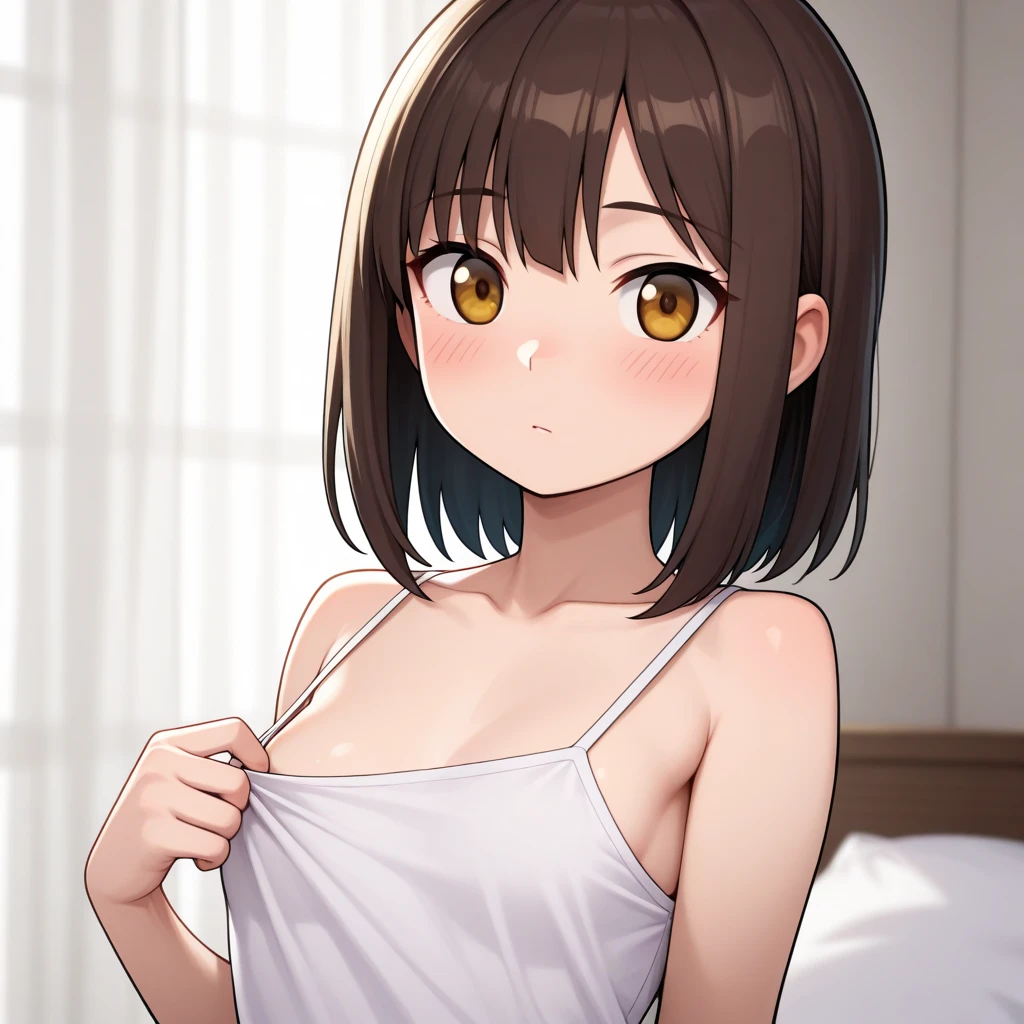 nsfw,One Woman、10 years old、Primary school students、Completely naked、(Beautiful nipples)、((Small Breasts)),Highest quality、Very delicate and beautiful、((Very short bangs))、((Bangs))、Light shiny brown hair、The hair is light、((Short Bob))、Cute face、Young face、Cute like an idol、Yellow Eyes、Are thin、Slim figure、Short、(Child body type)、Embarrassed face、Open Mouth、Troubled face、Red face、(Living room at home)、Photographed from the front、Pink Bra、